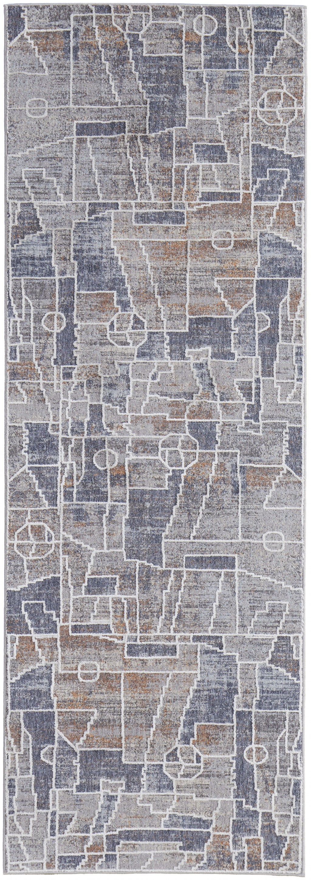 8' Blue Gray And Orange Geometric Power Loom Stain Resistant Runner Rug