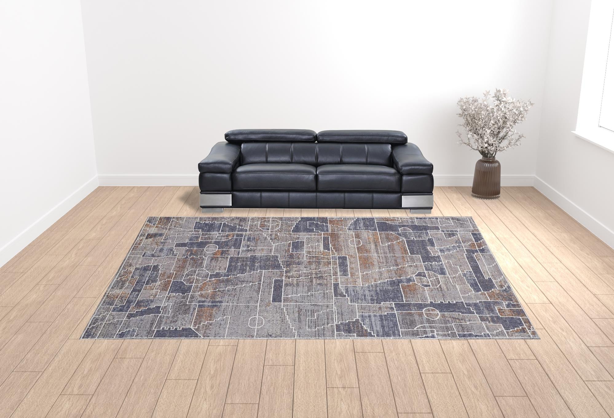 12' X 15' Blue Gray And Orange Geometric Power Loom Stain Resistant Area Rug