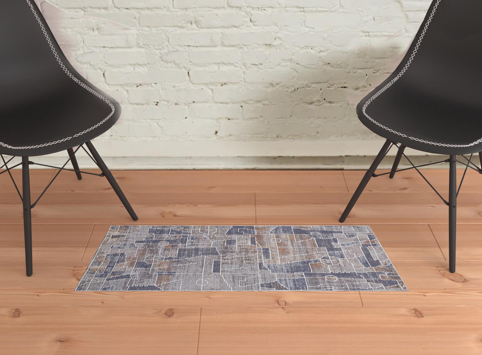 2' X 3' Blue Gray And Orange Geometric Power Loom Stain Resistant Area Rug