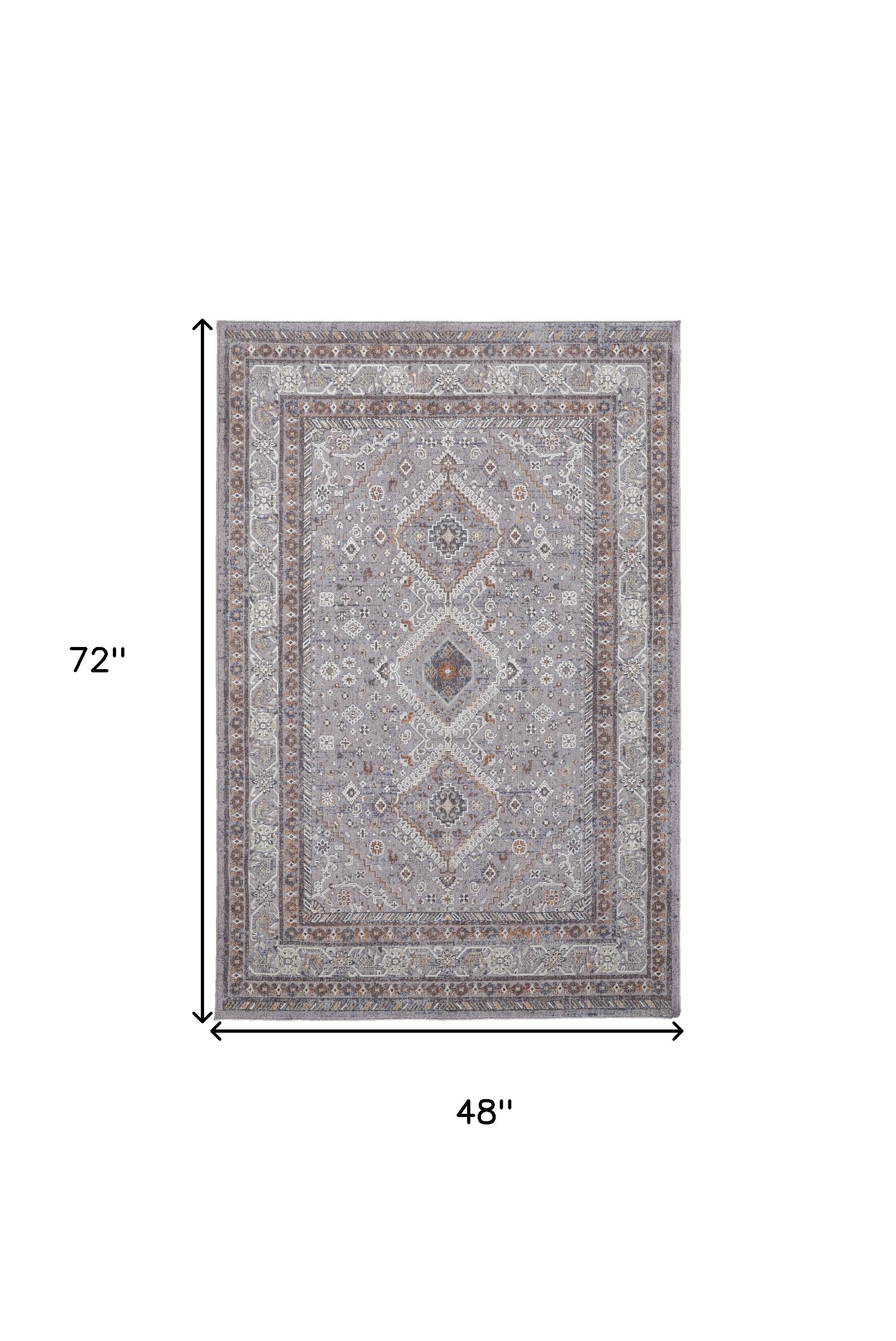 4' X 6' Gray Orange And Ivory Floral Power Loom Stain Resistant Area Rug