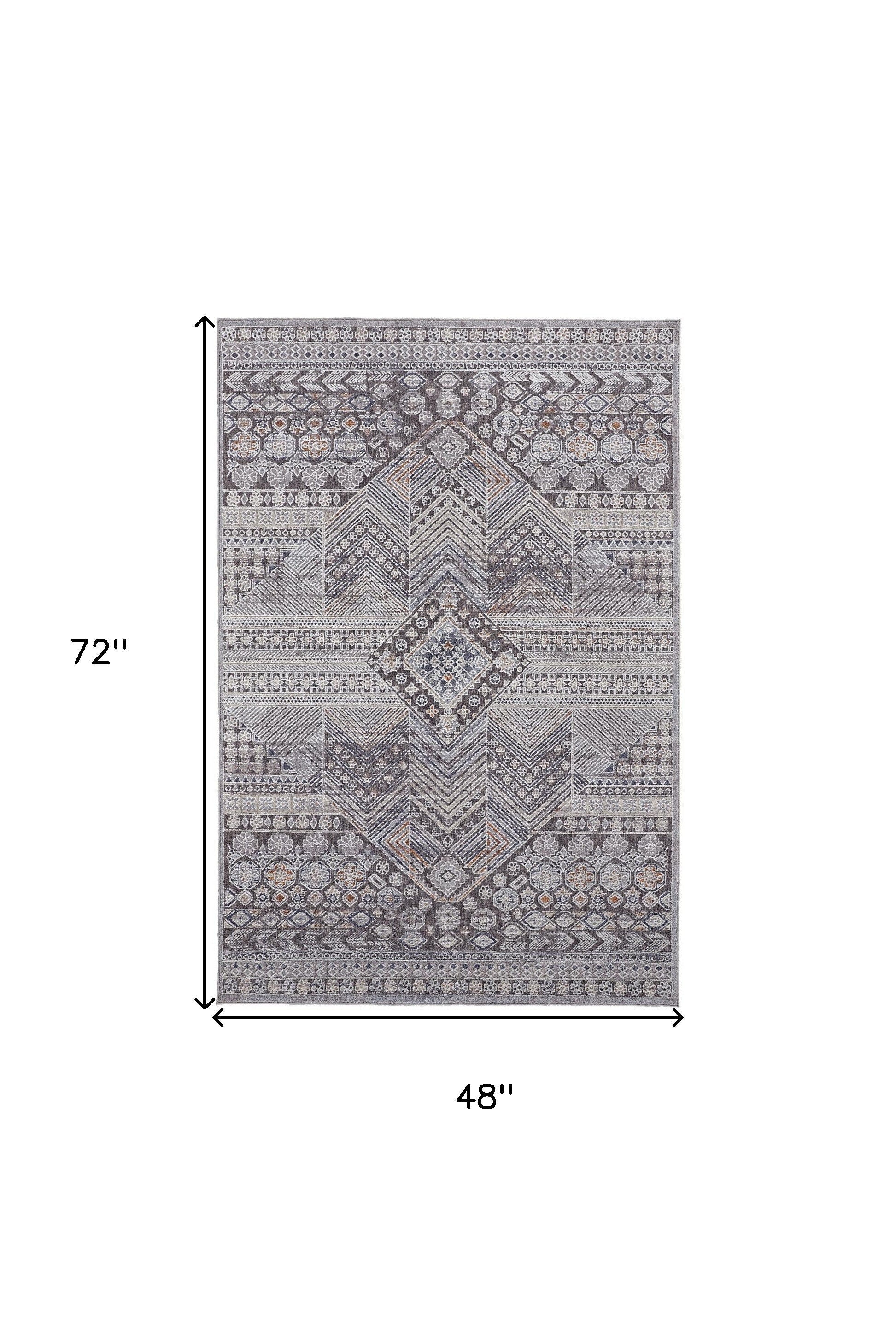 4' X 6' Ivory And Gray Geometric Power Loom Distressed Stain Resistant Area Rug