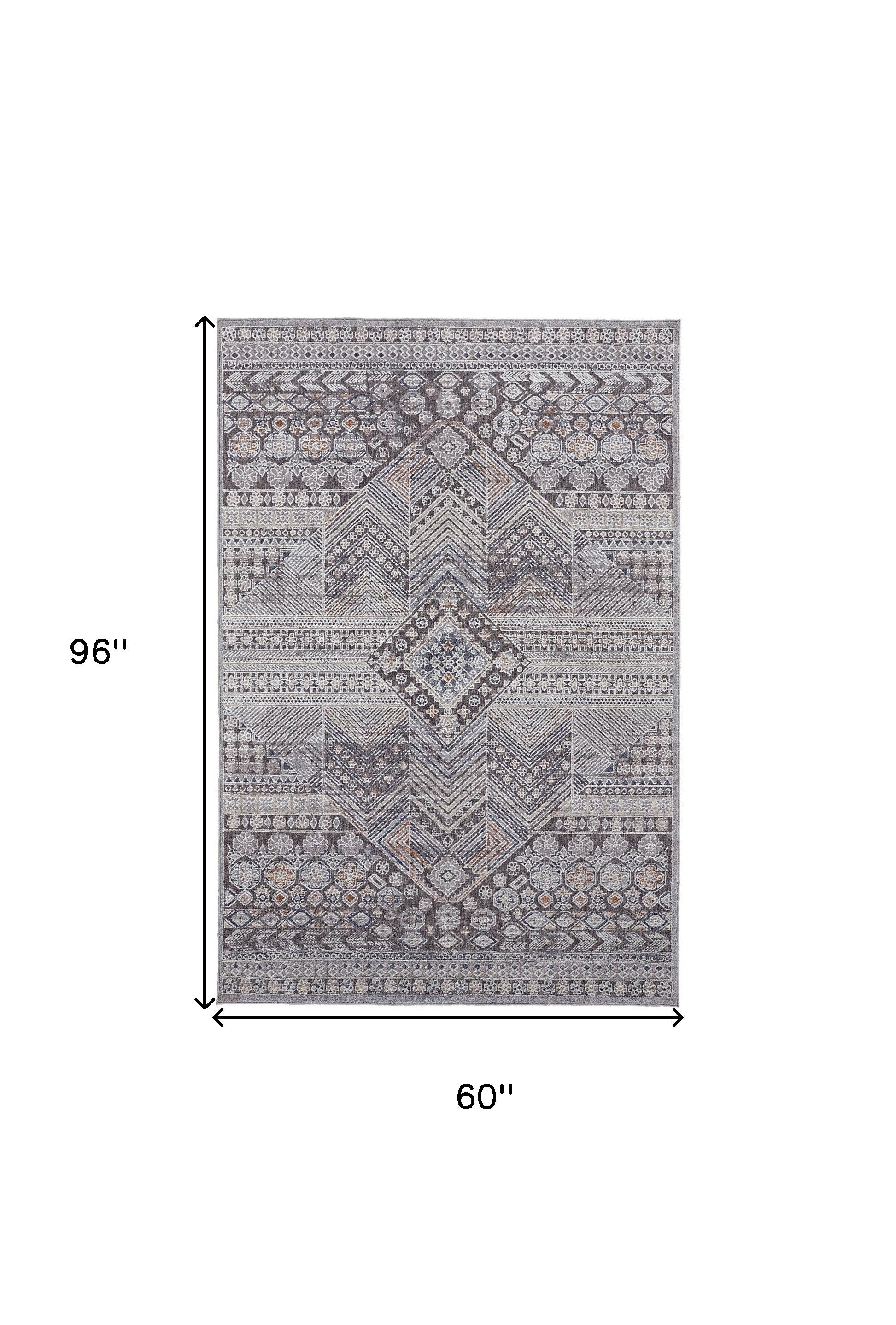 5' X 8' Ivory And Gray Geometric Power Loom Distressed Stain Resistant Area Rug