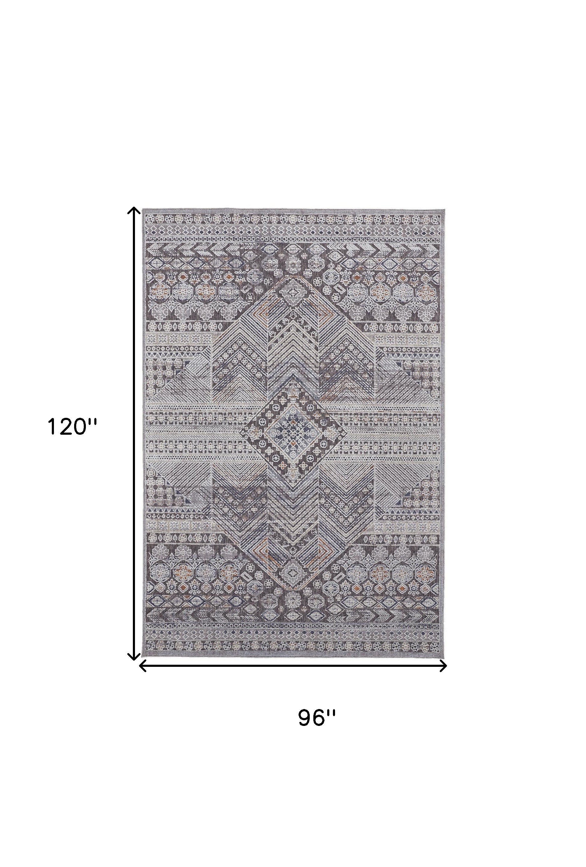 8' X 10' Ivory And Gray Geometric Power Loom Distressed Stain Resistant Area Rug