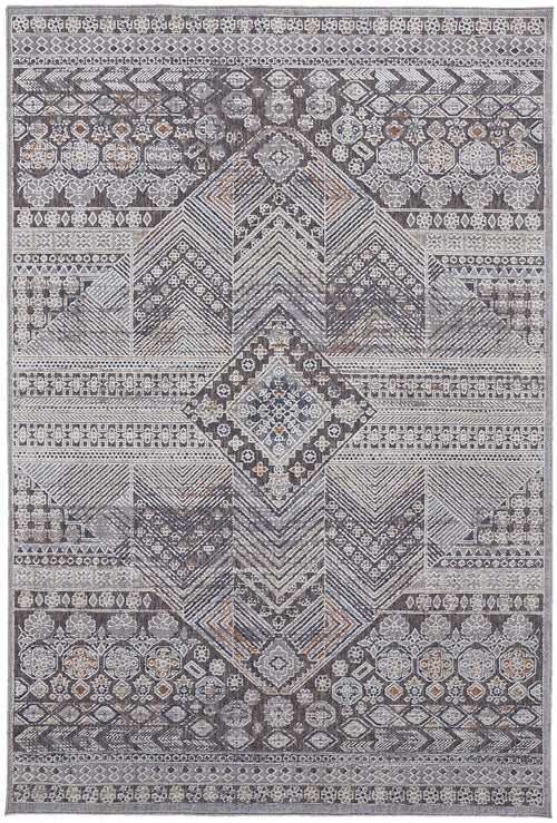 8' X 10' Ivory And Gray Geometric Power Loom Distressed Stain Resistant Area Rug