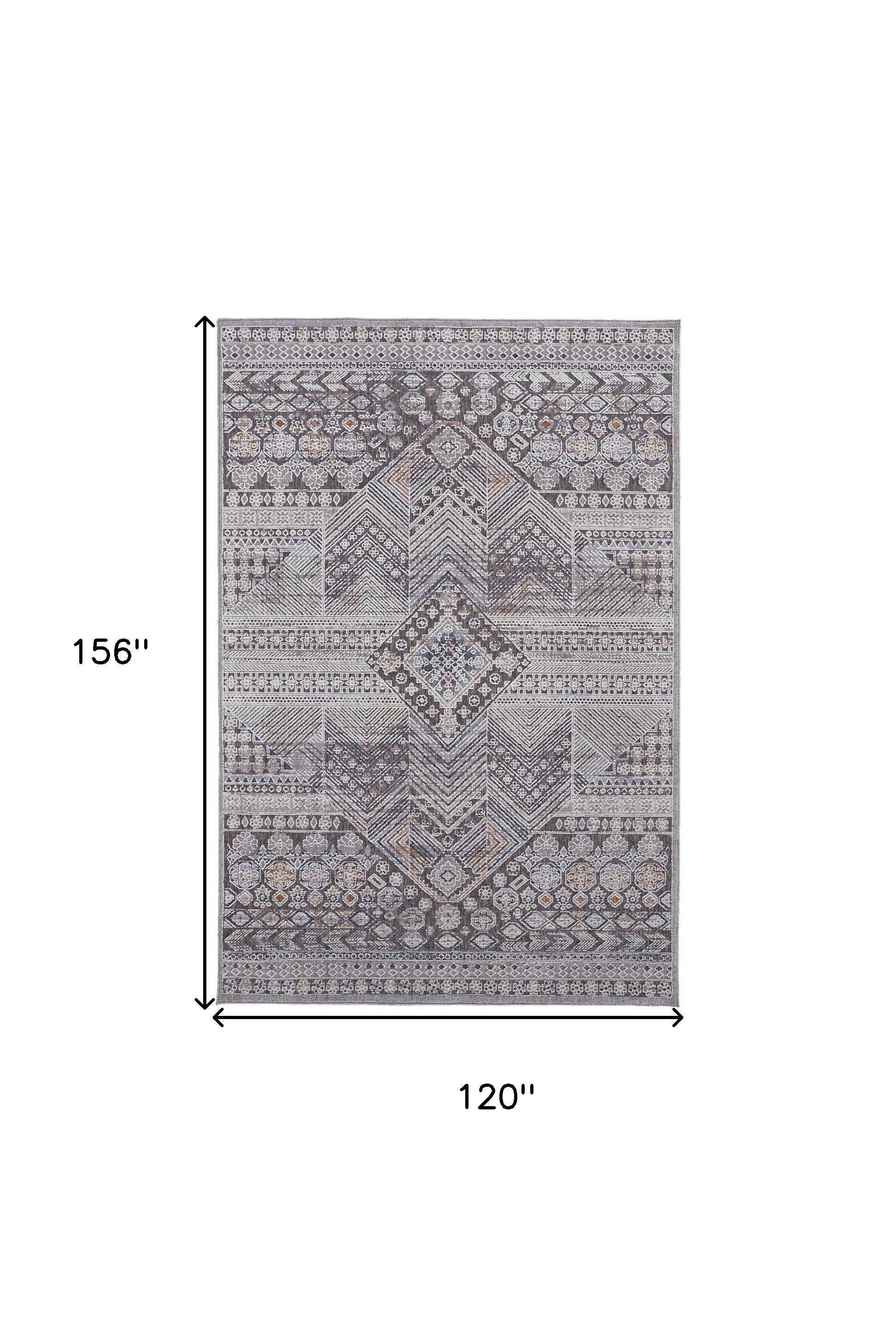 10' X 13' Ivory And Gray Geometric Power Loom Distressed Stain Resistant Area Rug