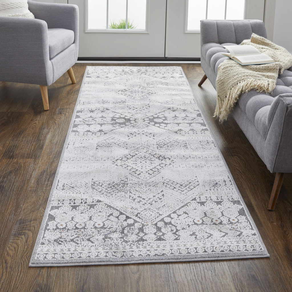 8' Ivory And Gray Geometric Power Loom Distressed Stain Resistant Runner Rug