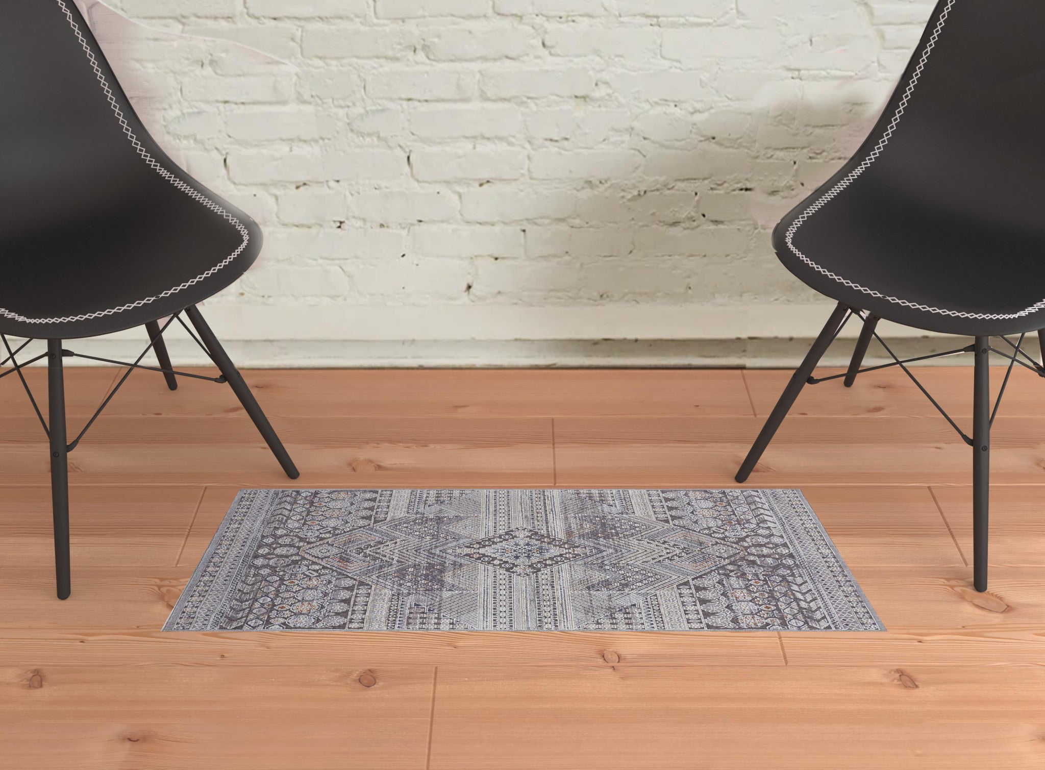 2' X 3' Ivory And Gray Geometric Power Loom Distressed Stain Resistant Area Rug