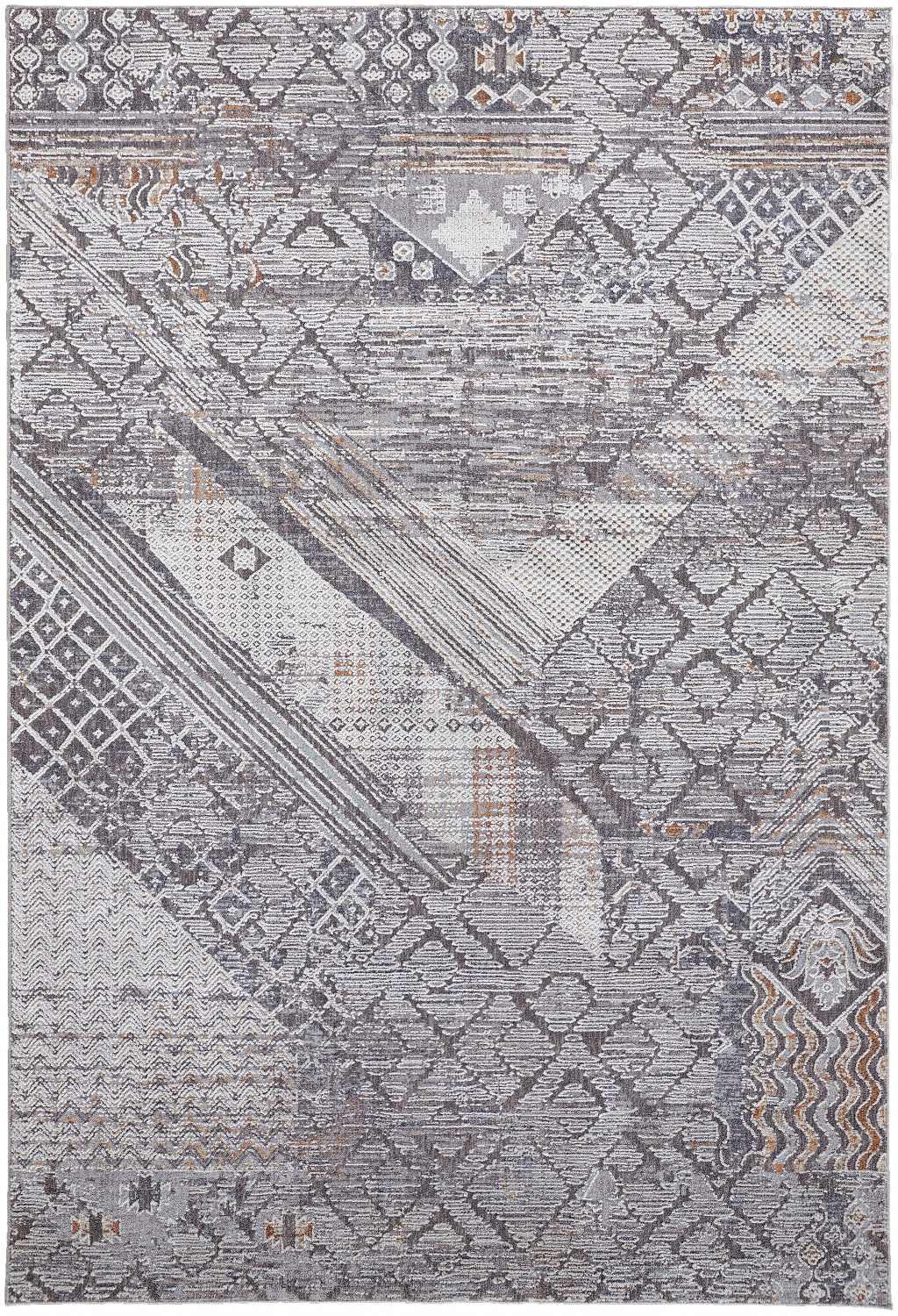 5' X 8' Ivory And Gray Geometric Power Loom Distressed Stain Resistant Area Rug