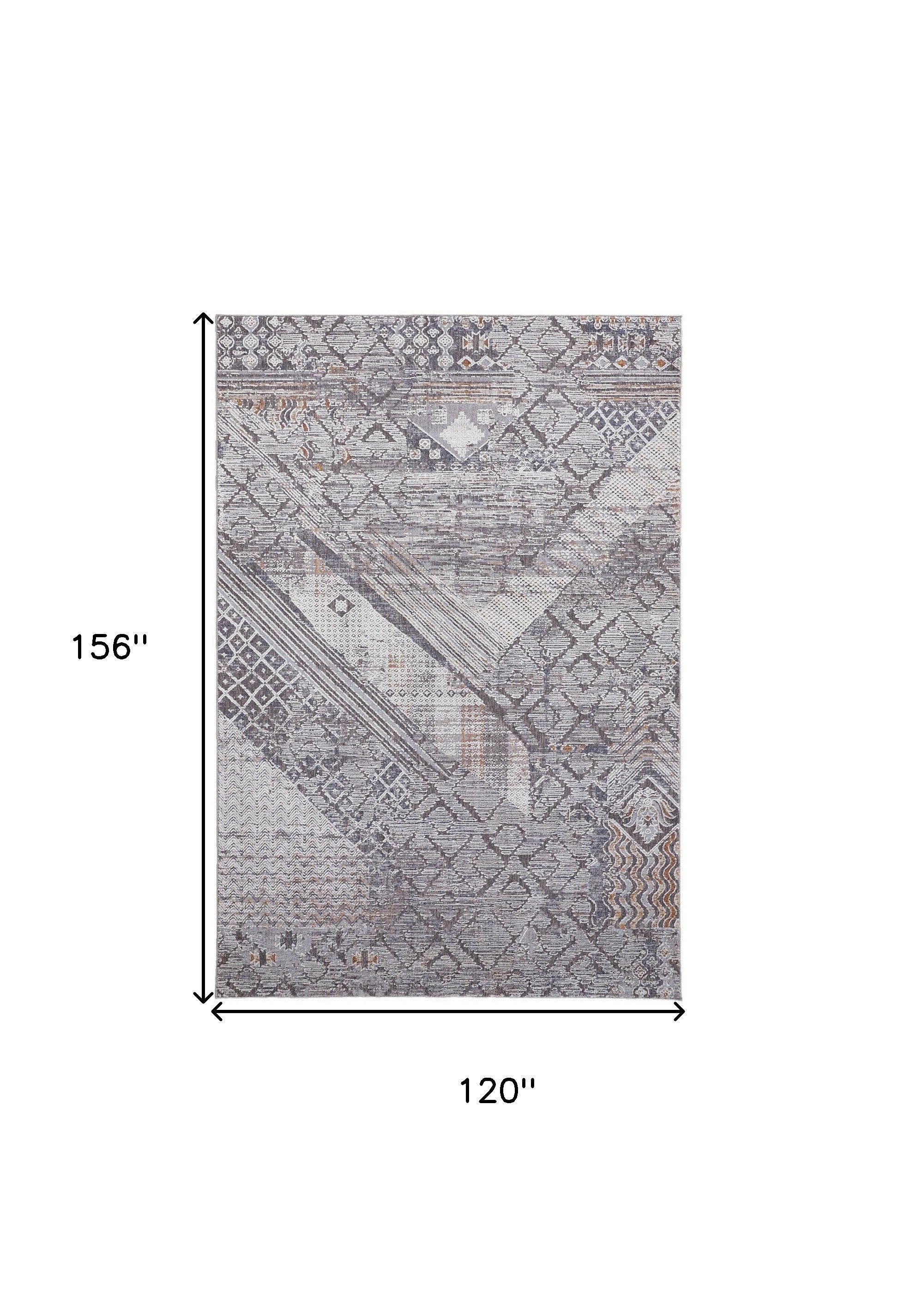 10' X 13' Ivory And Gray Geometric Power Loom Distressed Stain Resistant Area Rug