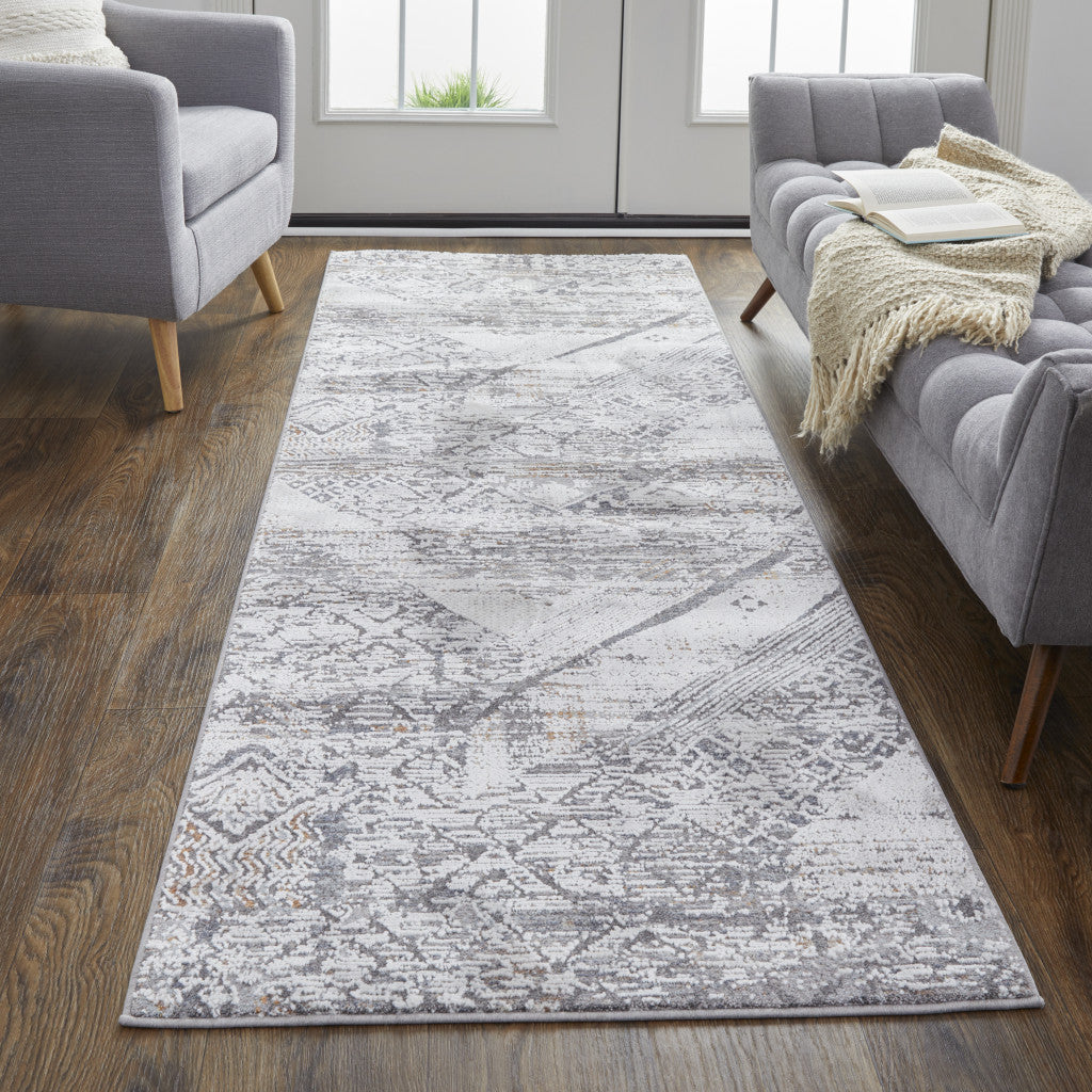 8' Ivory And Gray Geometric Power Loom Distressed Stain Resistant Runner Rug