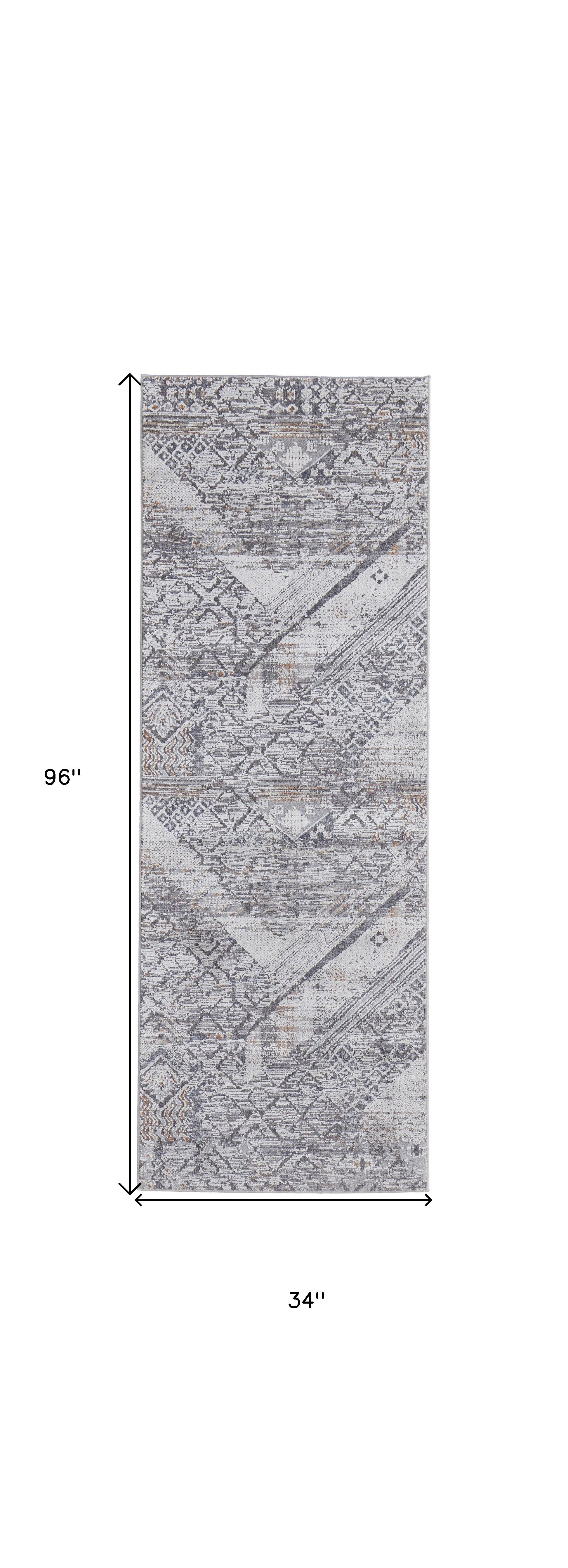 8' Ivory And Gray Geometric Power Loom Distressed Stain Resistant Runner Rug