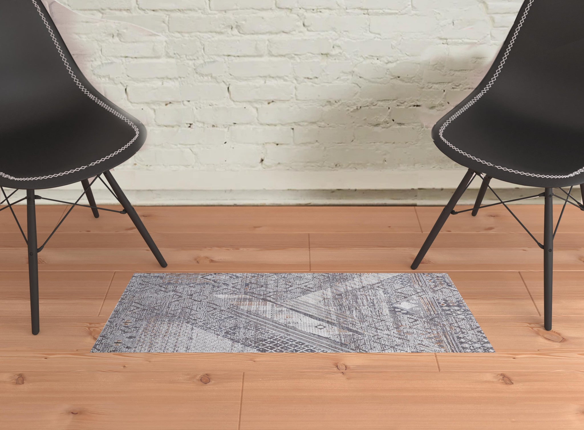 2' X 3' Ivory And Gray Geometric Power Loom Distressed Stain Resistant Area Rug