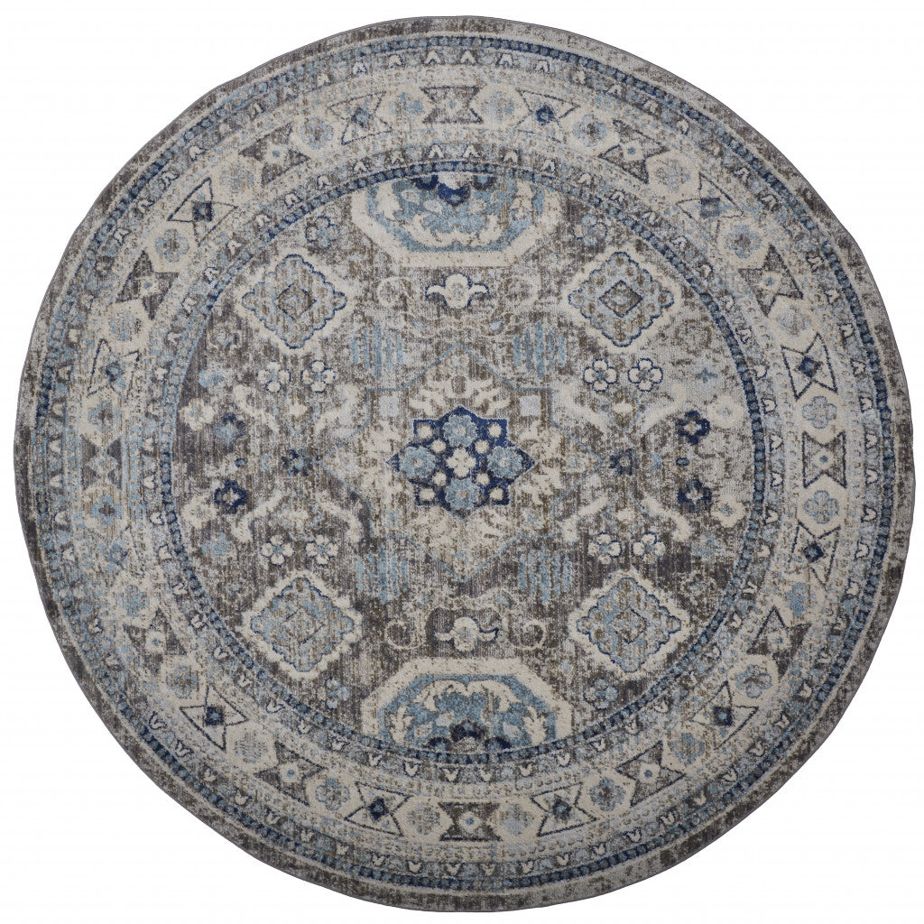 8' Gray Brown And Blue Round Floral Stain Resistant Area Rug