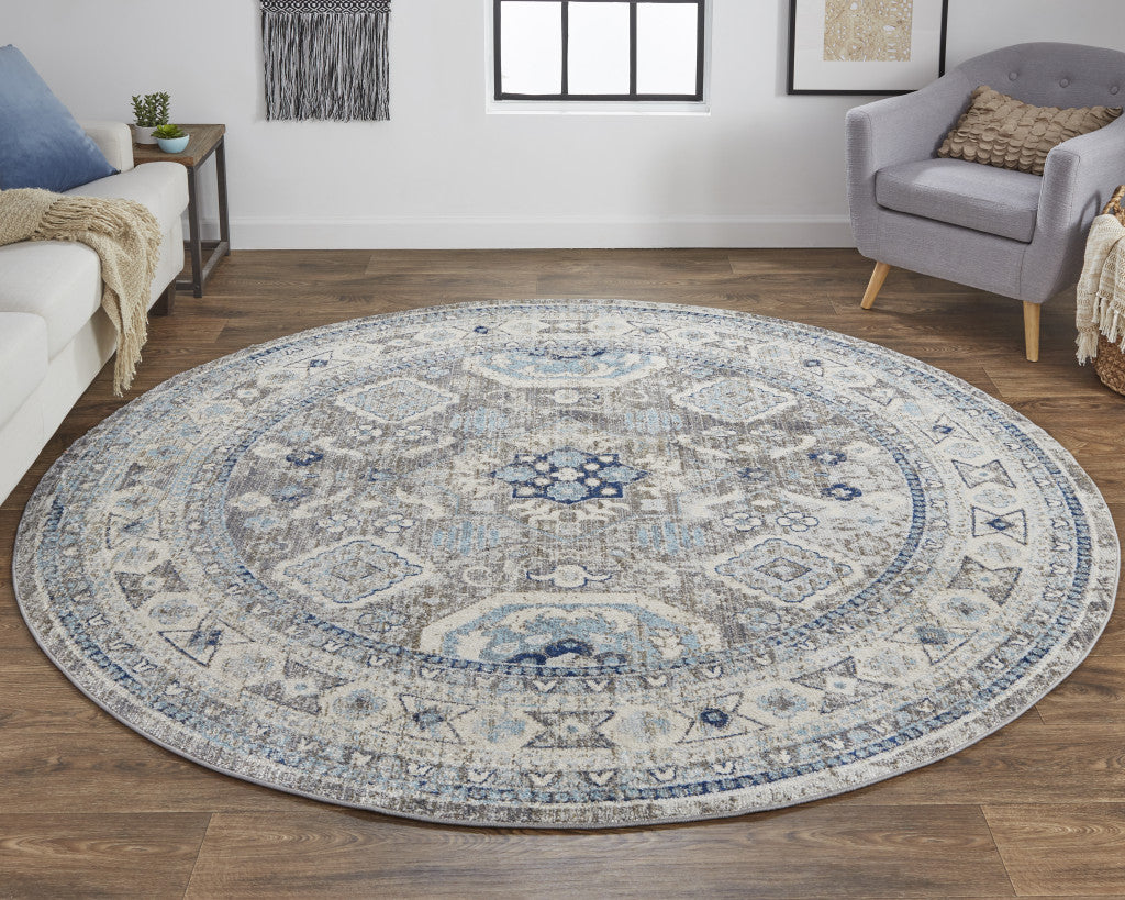 8' Gray Brown And Blue Round Floral Stain Resistant Area Rug