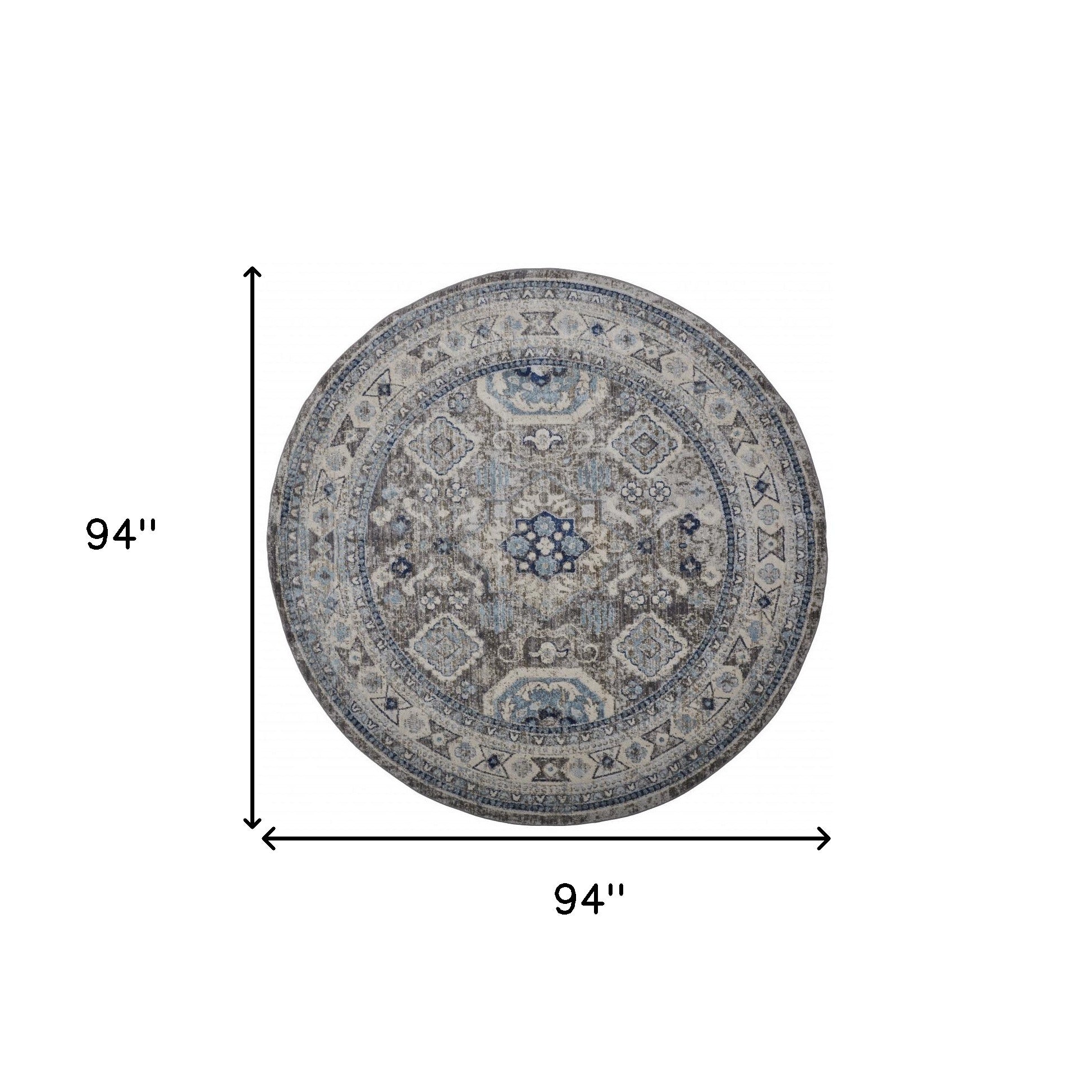 8' Gray Brown And Blue Round Floral Stain Resistant Area Rug