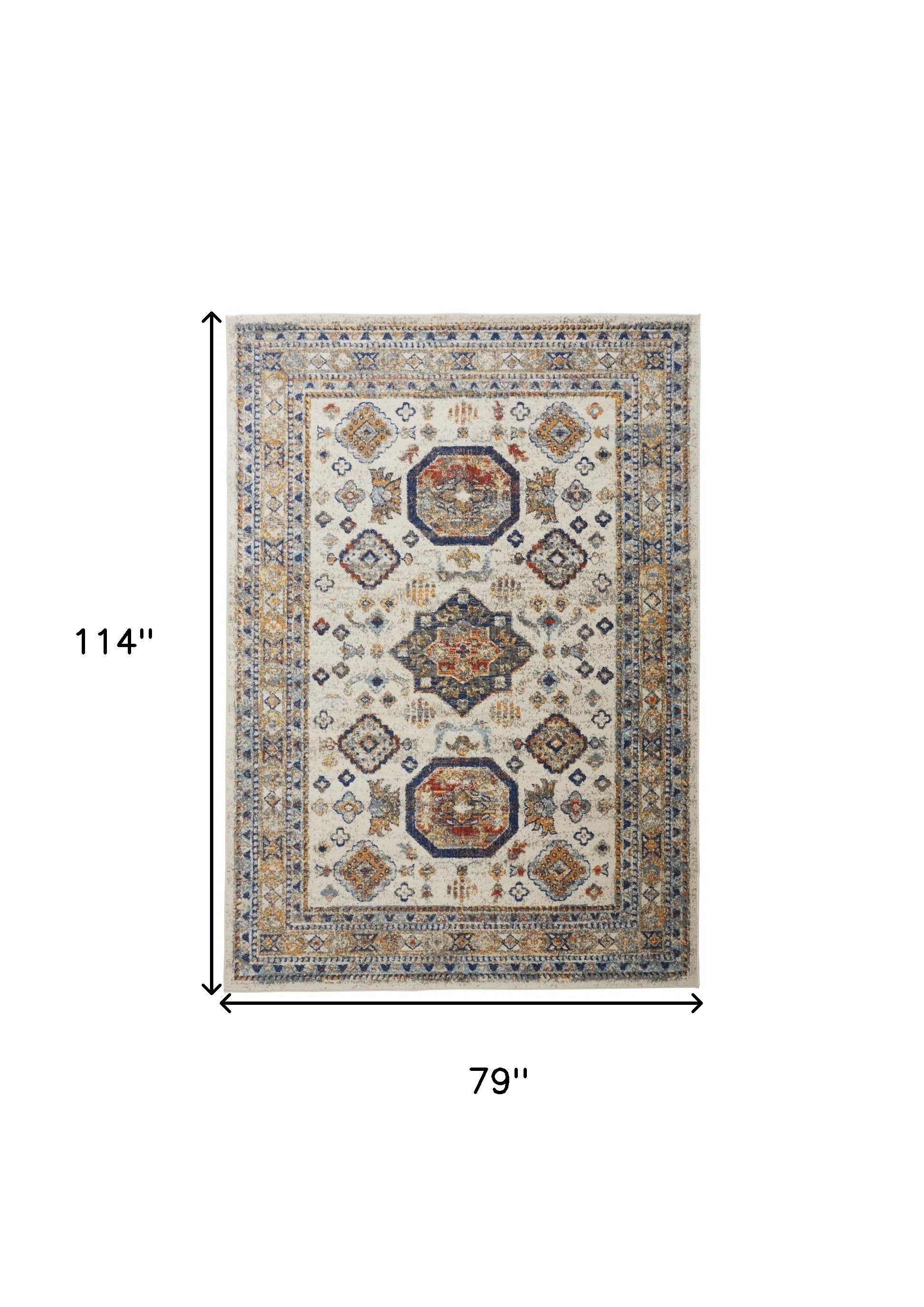 7' X 10' Ivory Orange And Blue Floral Stain Resistant Area Rug