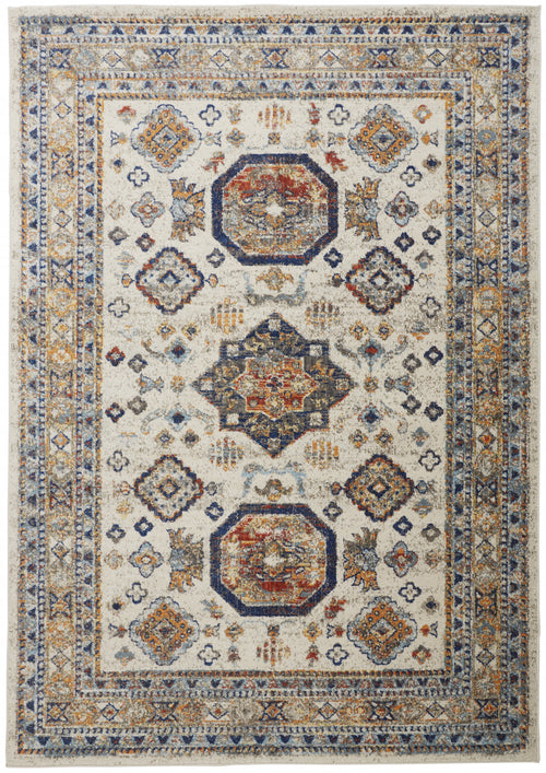 7' X 10' Ivory Orange And Blue Floral Stain Resistant Area Rug