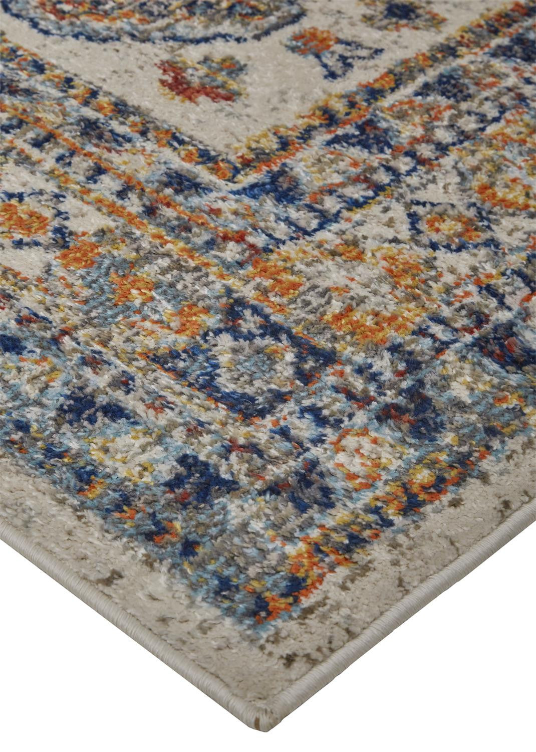 7' X 10' Ivory Orange And Blue Floral Stain Resistant Area Rug