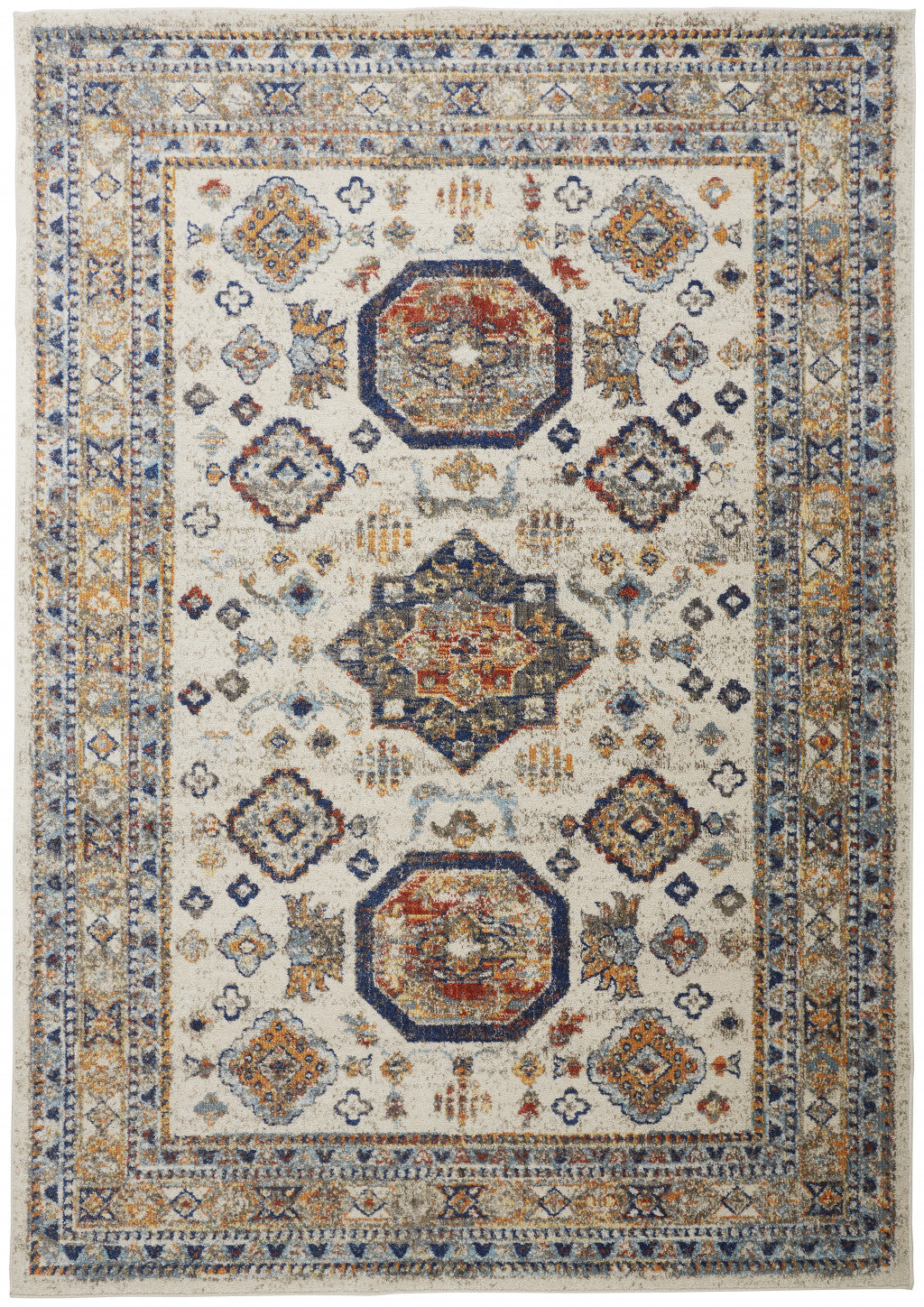 8' X 11' Ivory Orange And Blue Floral Stain Resistant Area Rug