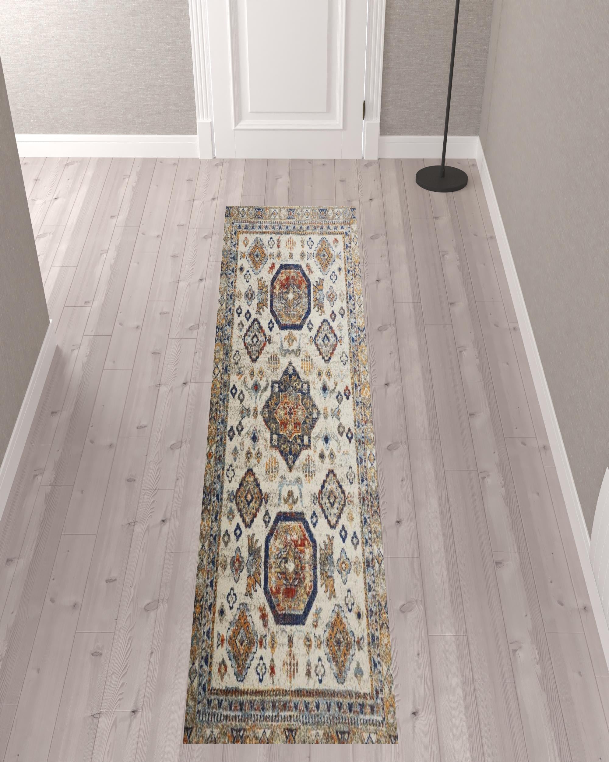 10' Ivory Orange And Blue Floral Stain Resistant Runner Rug