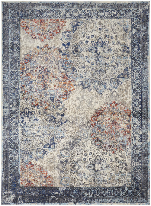 7' X 10' Blue Ivory And Red Floral Power Loom Distressed Stain Resistant Area Rug