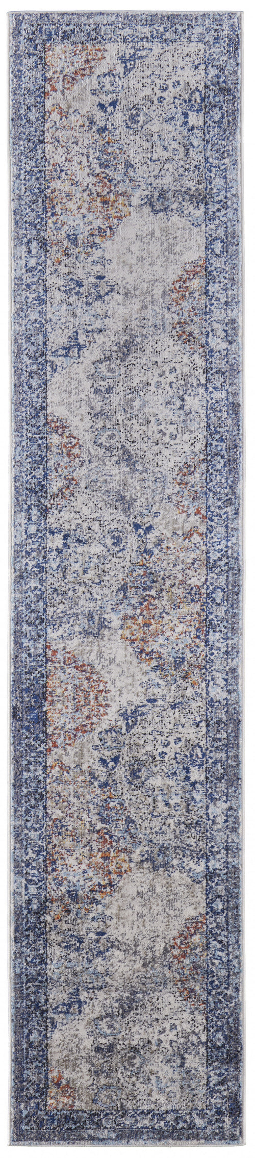 8' Blue Ivory And Red Floral Power Loom Distressed Stain Resistant Runner Rug