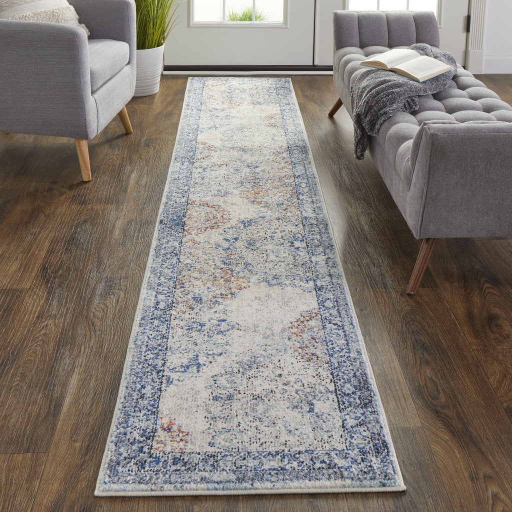 8' Blue Ivory And Red Floral Power Loom Distressed Stain Resistant Runner Rug