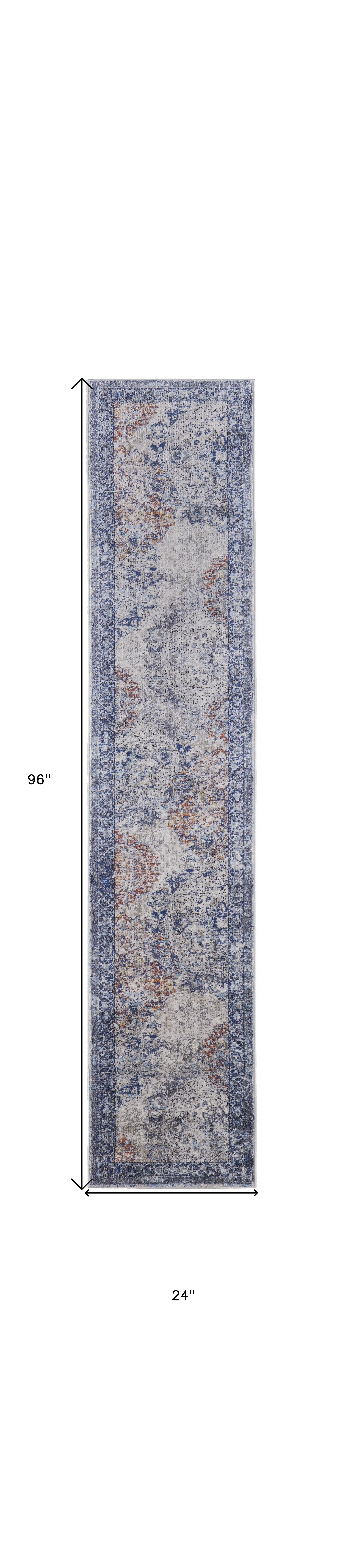 8' Blue Ivory And Red Floral Power Loom Distressed Stain Resistant Runner Rug