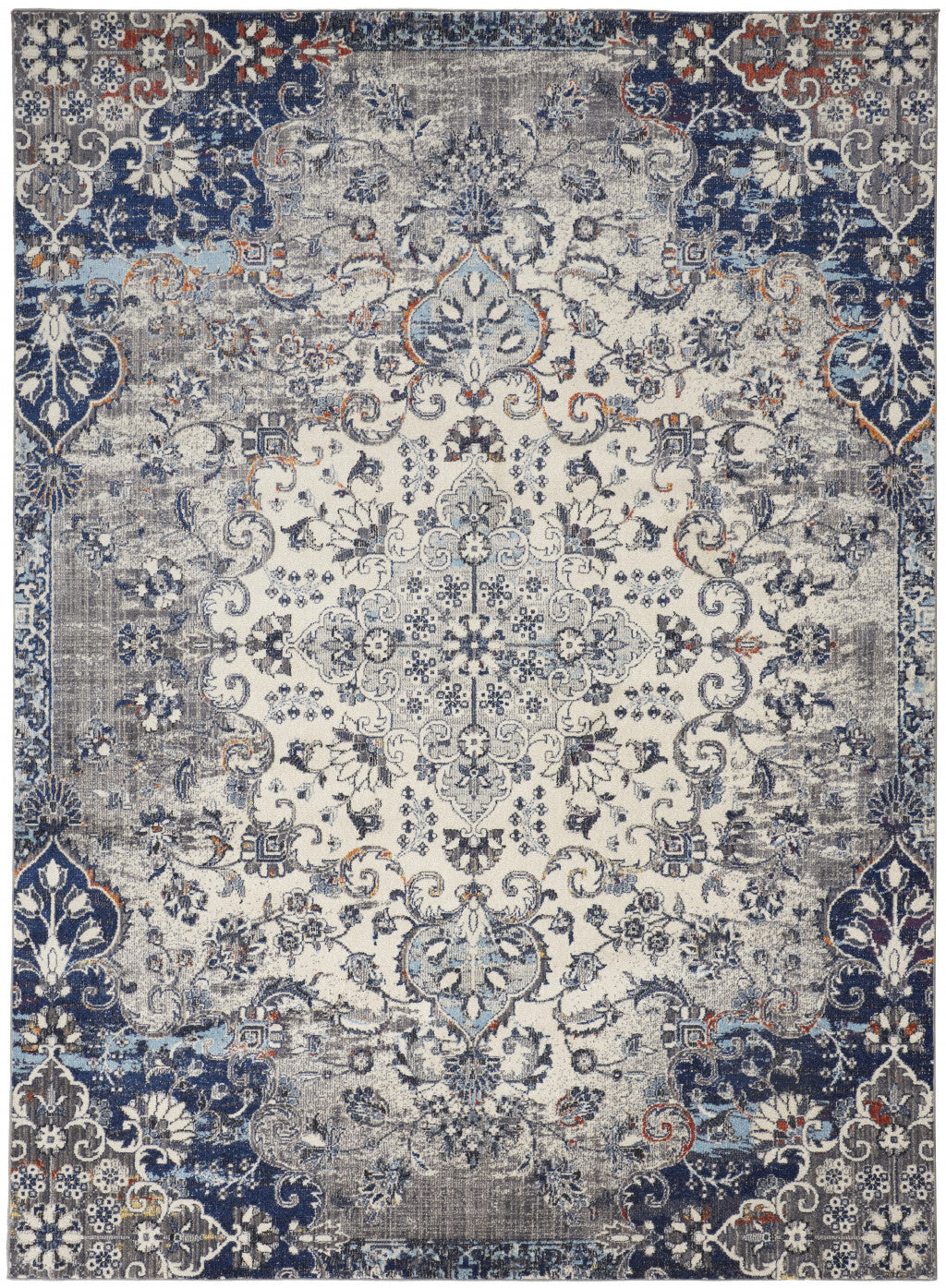 7' X 10' Ivory Gray And Blue Floral Power Loom Distressed Stain Resistant Area Rug