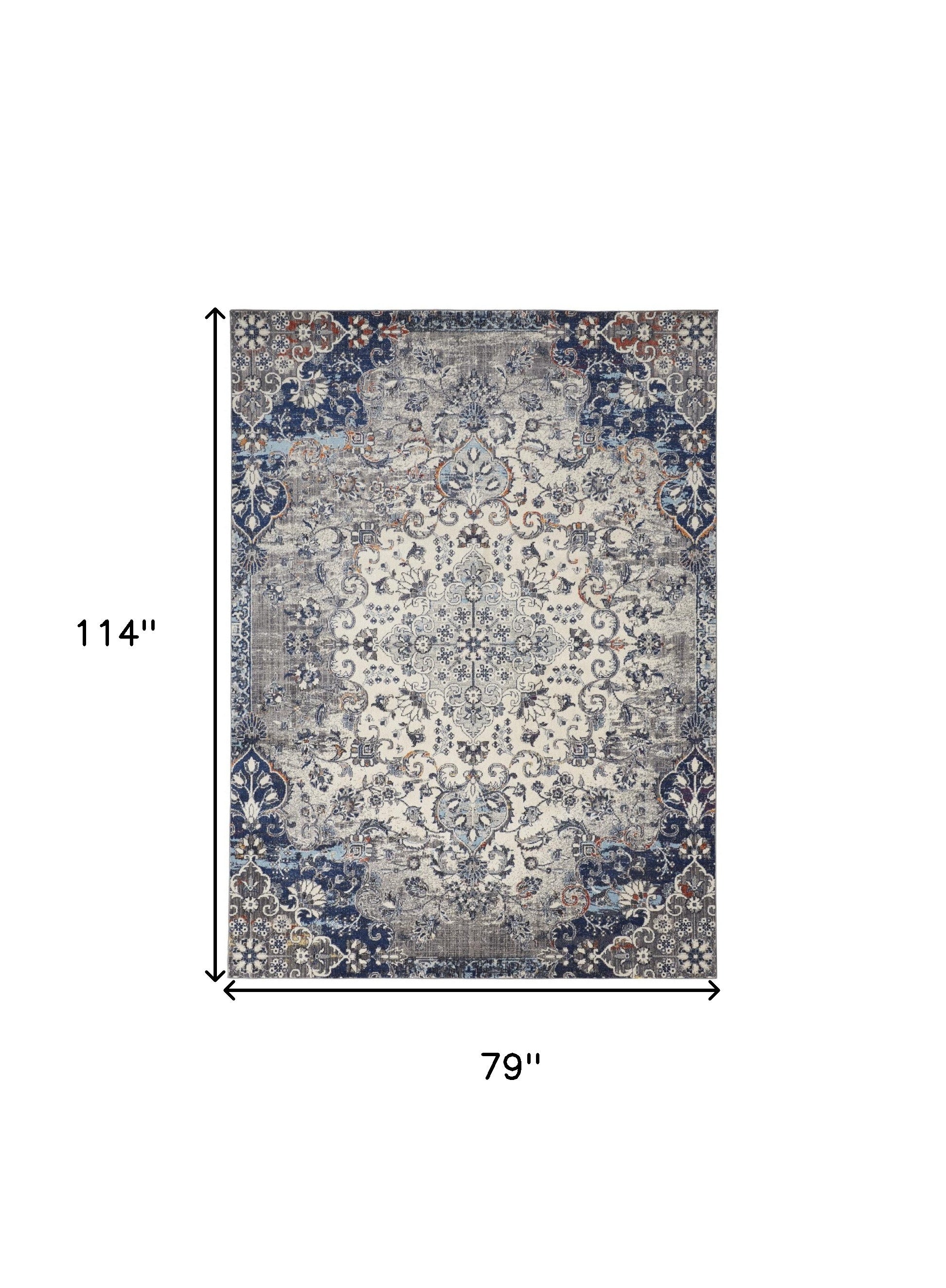 7' X 10' Ivory Gray And Blue Floral Power Loom Distressed Stain Resistant Area Rug