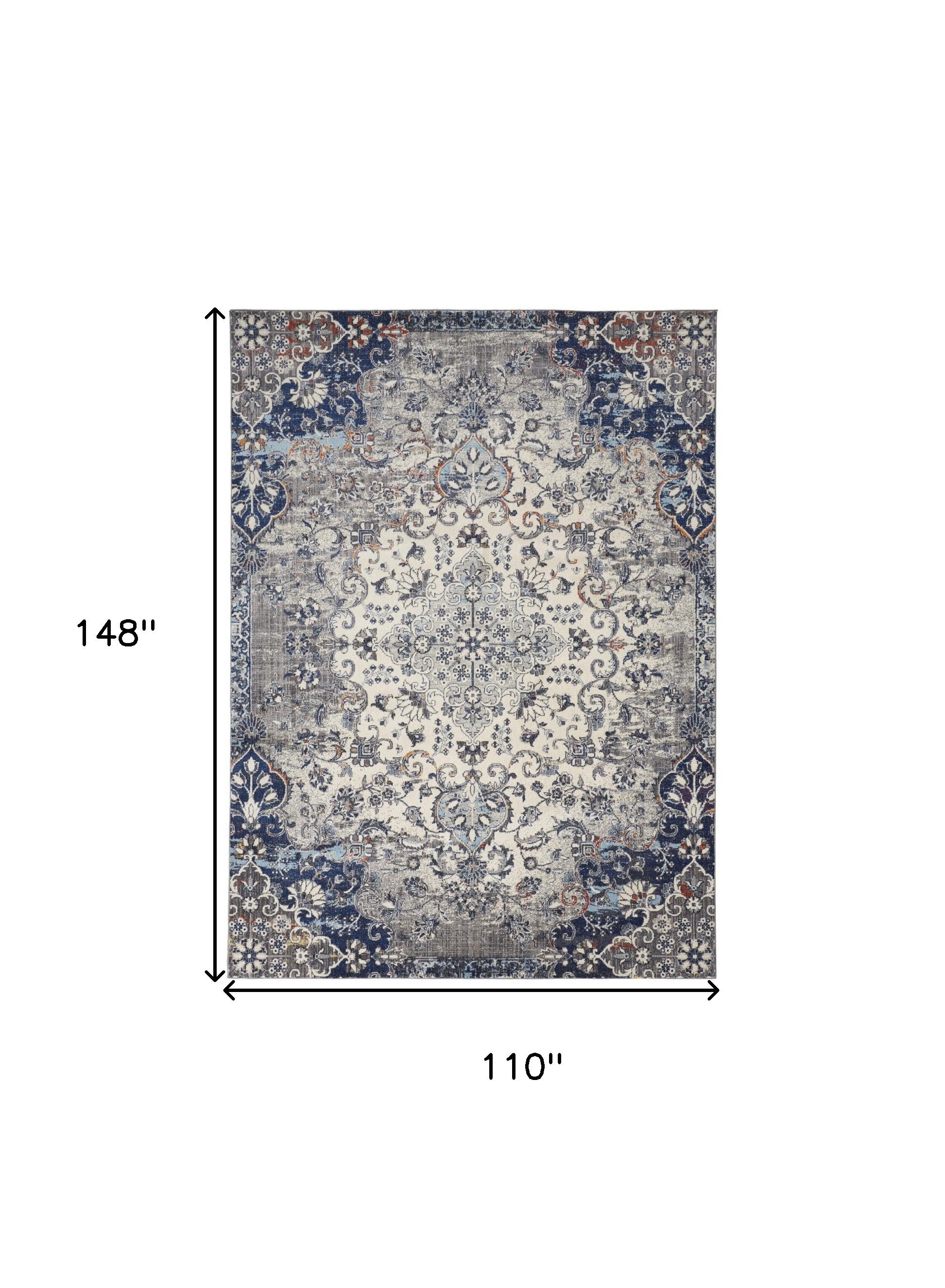 9' X 12' Ivory Gray And Blue Floral Power Loom Distressed Stain Resistant Area Rug