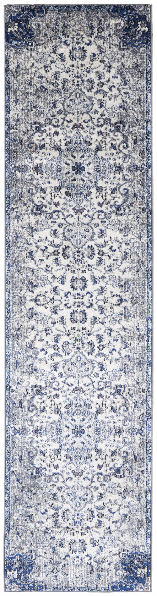 8' Ivory Gray And Blue Floral Power Loom Distressed Stain Resistant Runner Rug