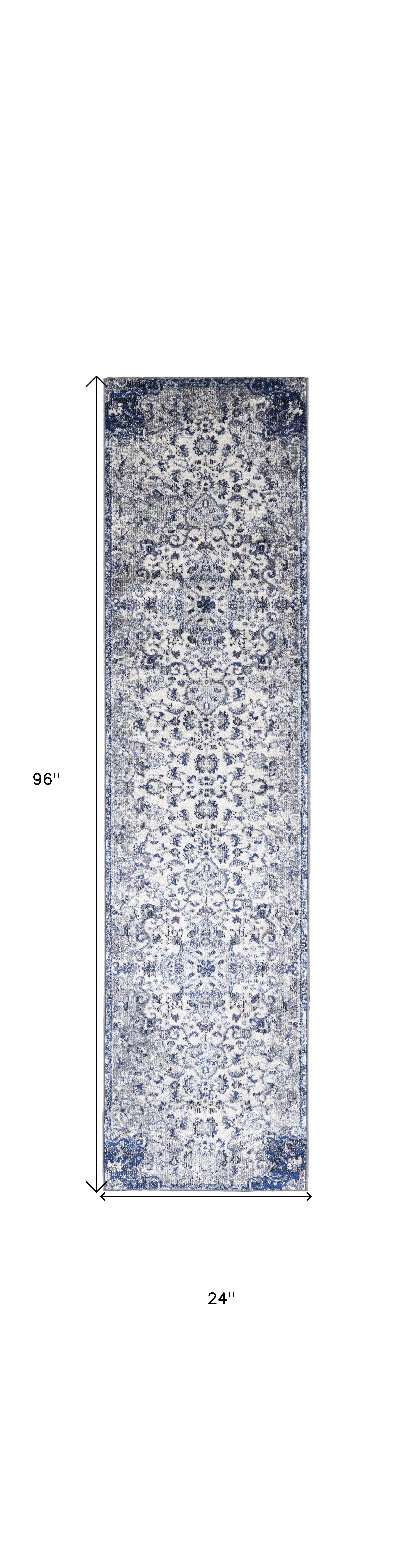 8' Ivory Gray And Blue Floral Power Loom Distressed Stain Resistant Runner Rug