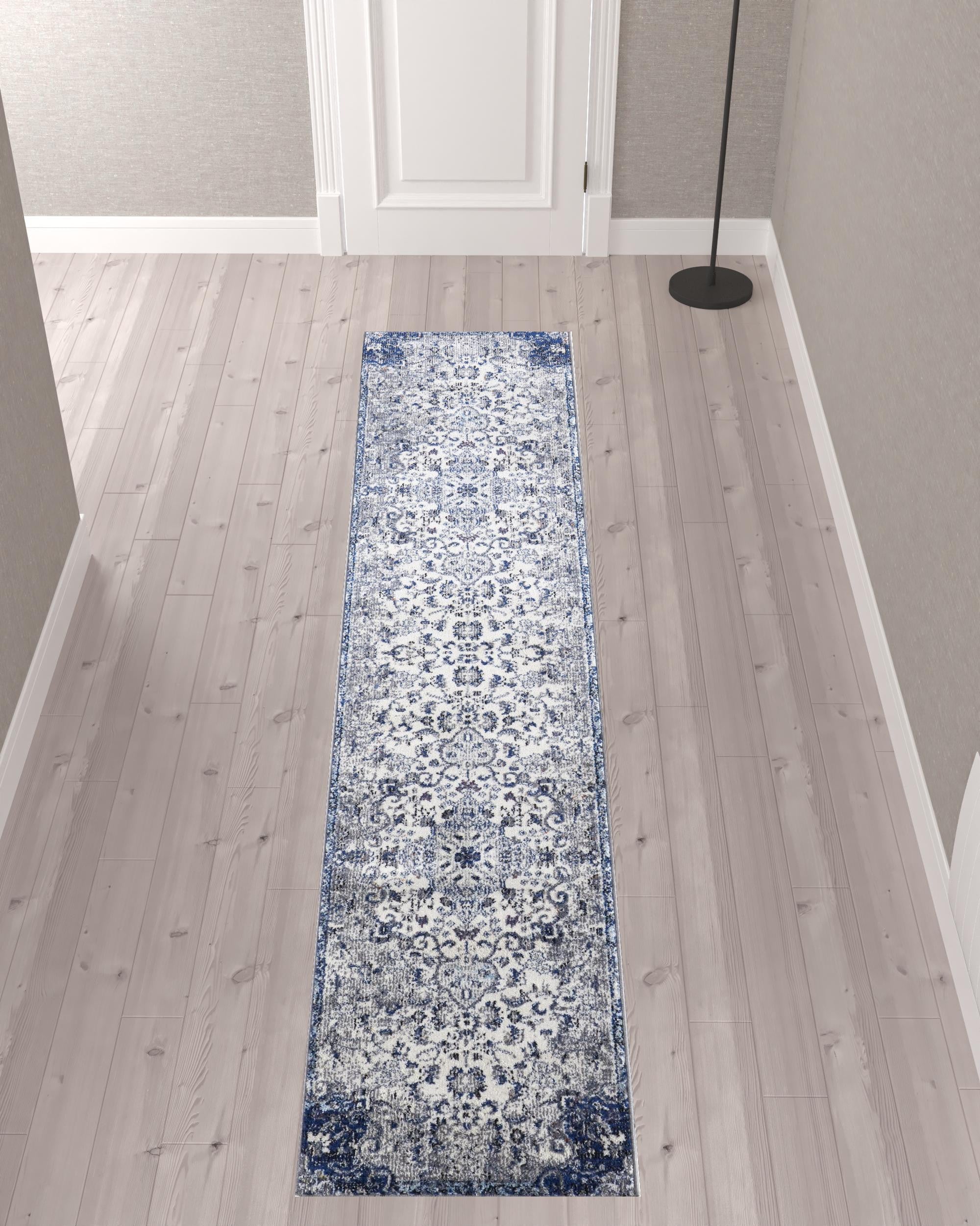 10' Ivory Gray And Blue Floral Power Loom Distressed Stain Resistant Runner Rug