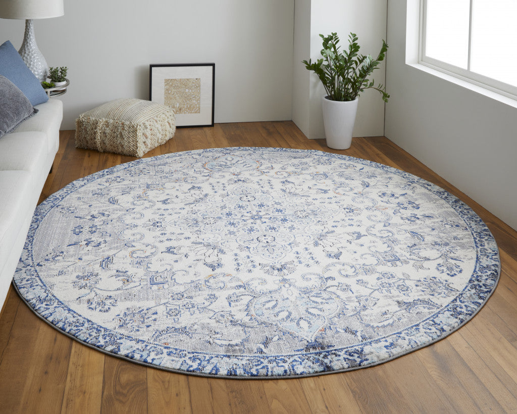 8' Ivory Gray And Blue Round Floral Power Loom Distressed Stain Resistant Area Rug