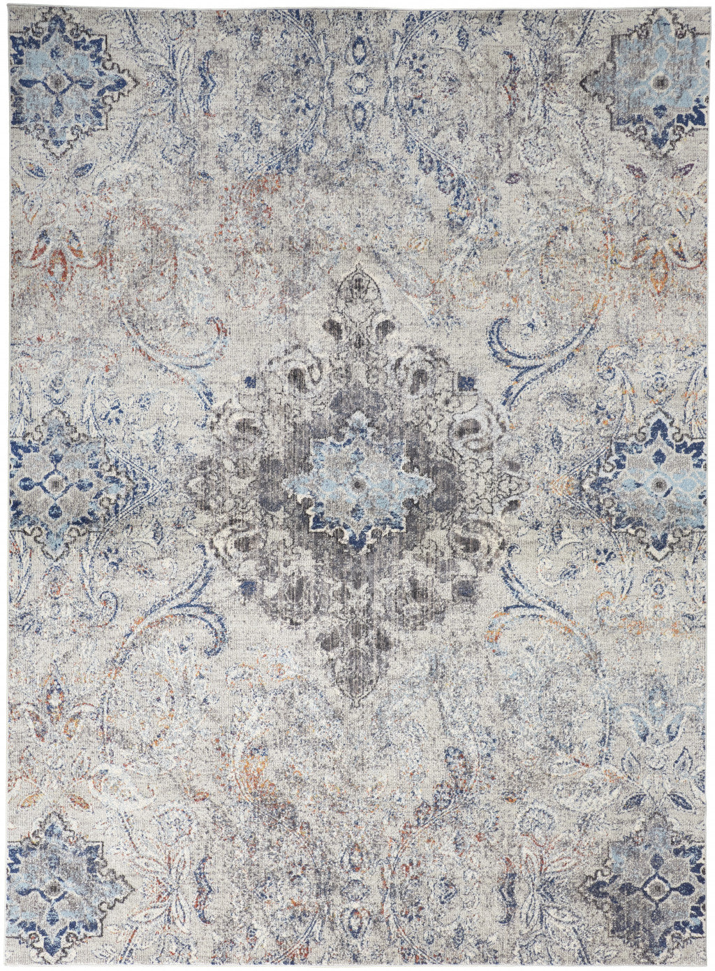 8' X 11' Ivory Taupe And Blue Floral Power Loom Distressed Stain Resistant Area Rug