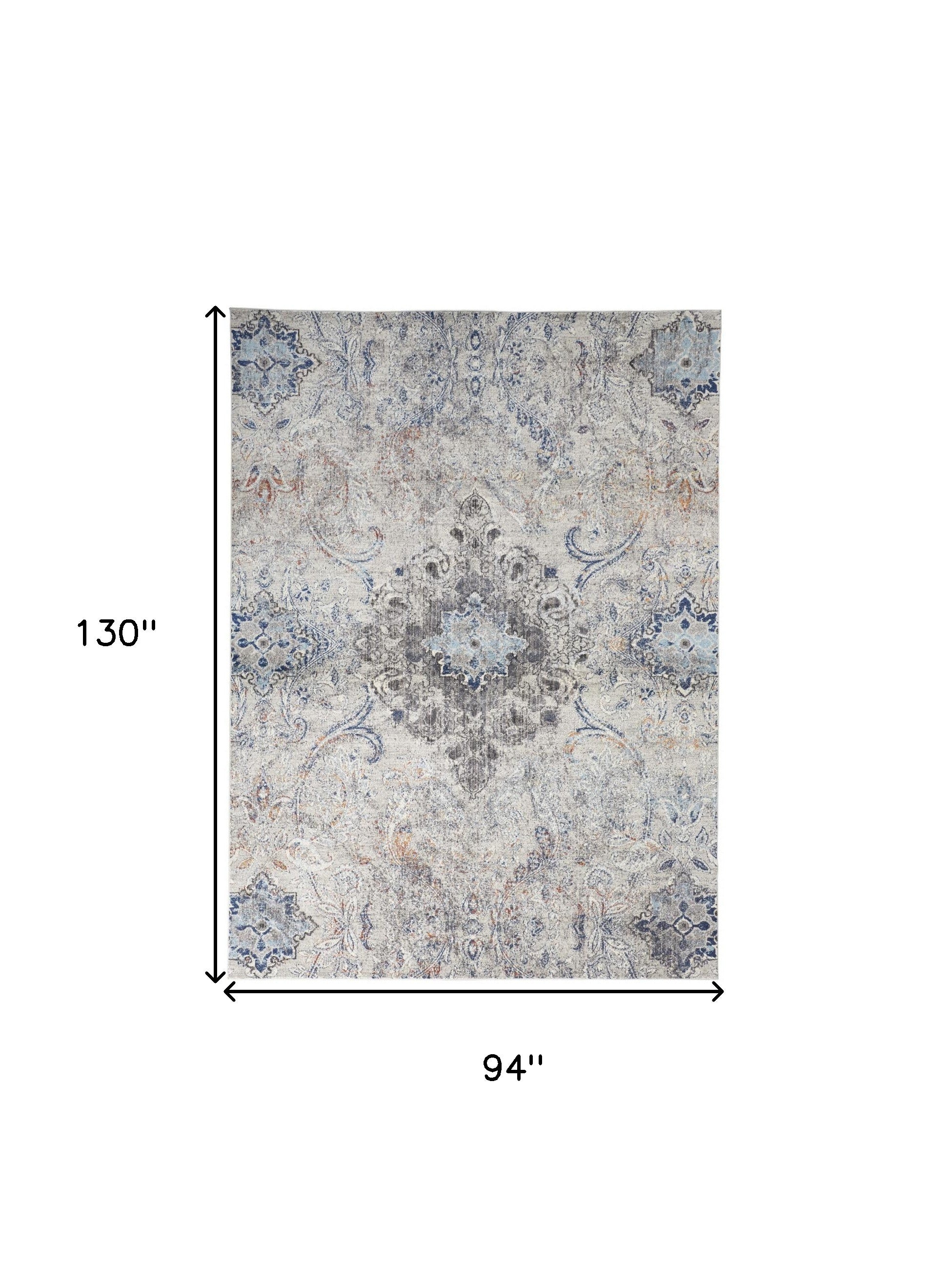 8' X 11' Ivory Taupe And Blue Floral Power Loom Distressed Stain Resistant Area Rug