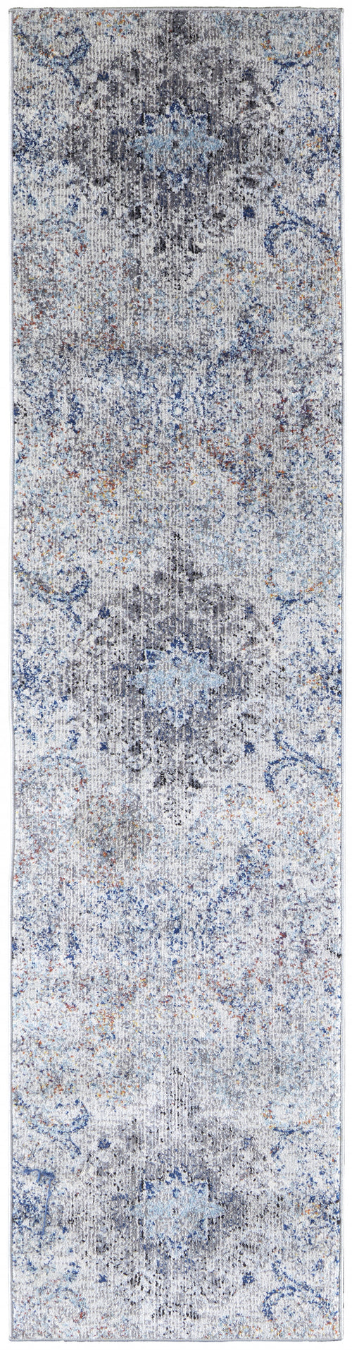 8' Ivory Taupe And Blue Floral Power Loom Distressed Stain Resistant Runner Rug