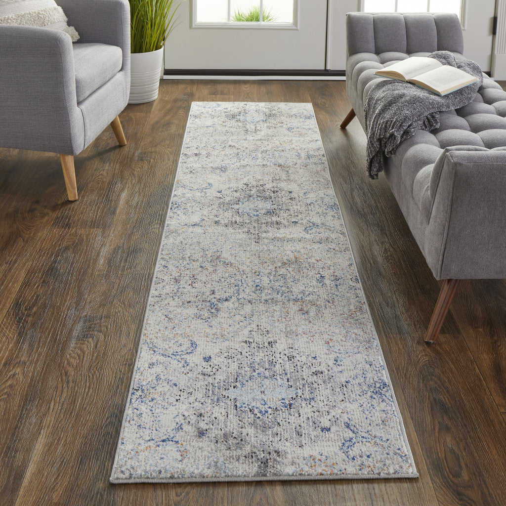 8' Ivory Taupe And Blue Floral Power Loom Distressed Stain Resistant Runner Rug