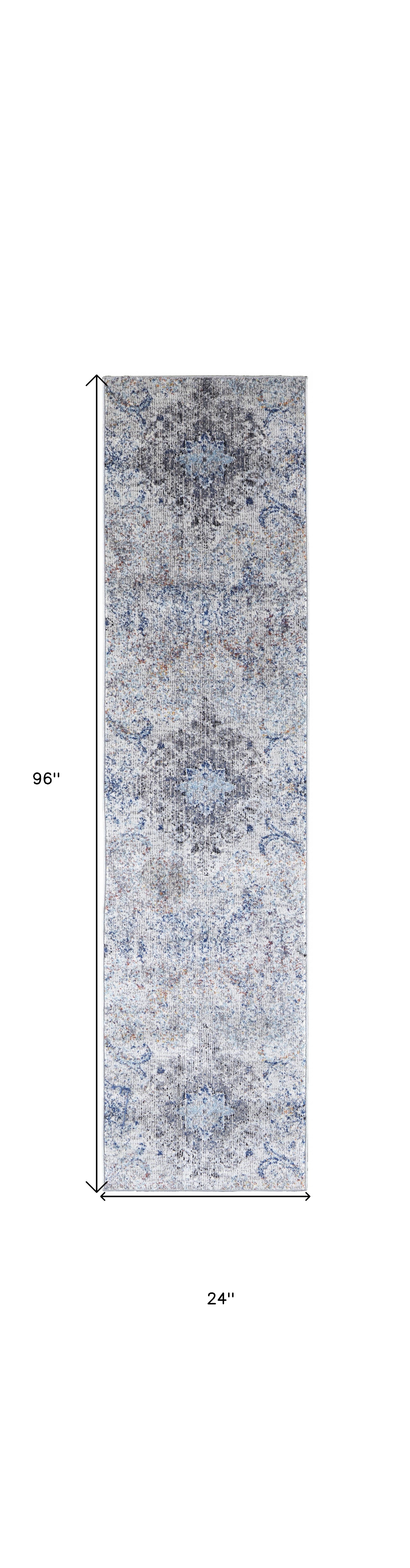 8' Ivory Taupe And Blue Floral Power Loom Distressed Stain Resistant Runner Rug