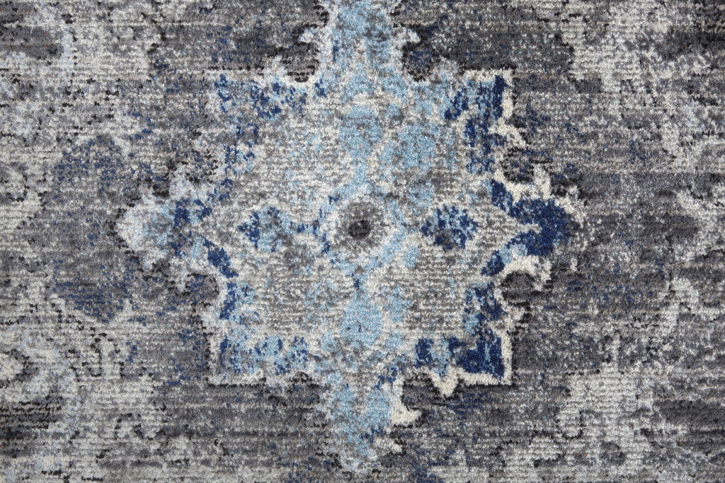 10' Ivory Taupe And Blue Floral Power Loom Distressed Stain Resistant Runner Rug