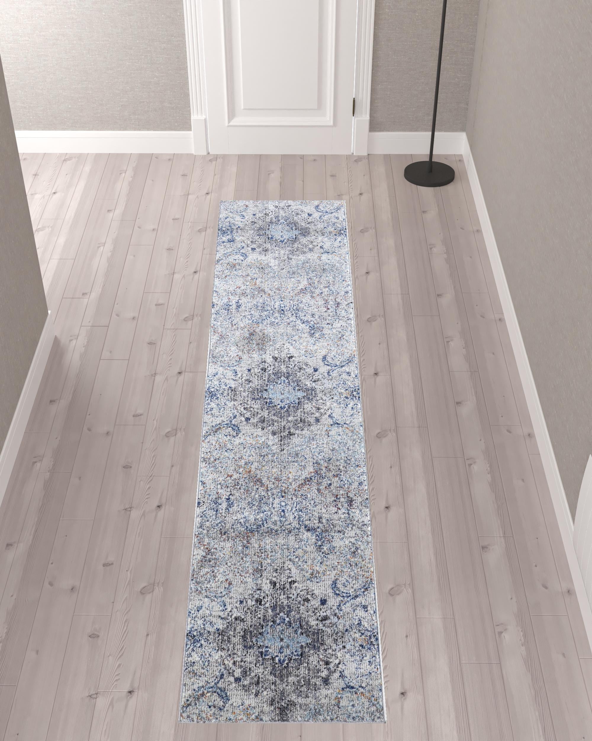 10' Ivory Taupe And Blue Floral Power Loom Distressed Stain Resistant Runner Rug