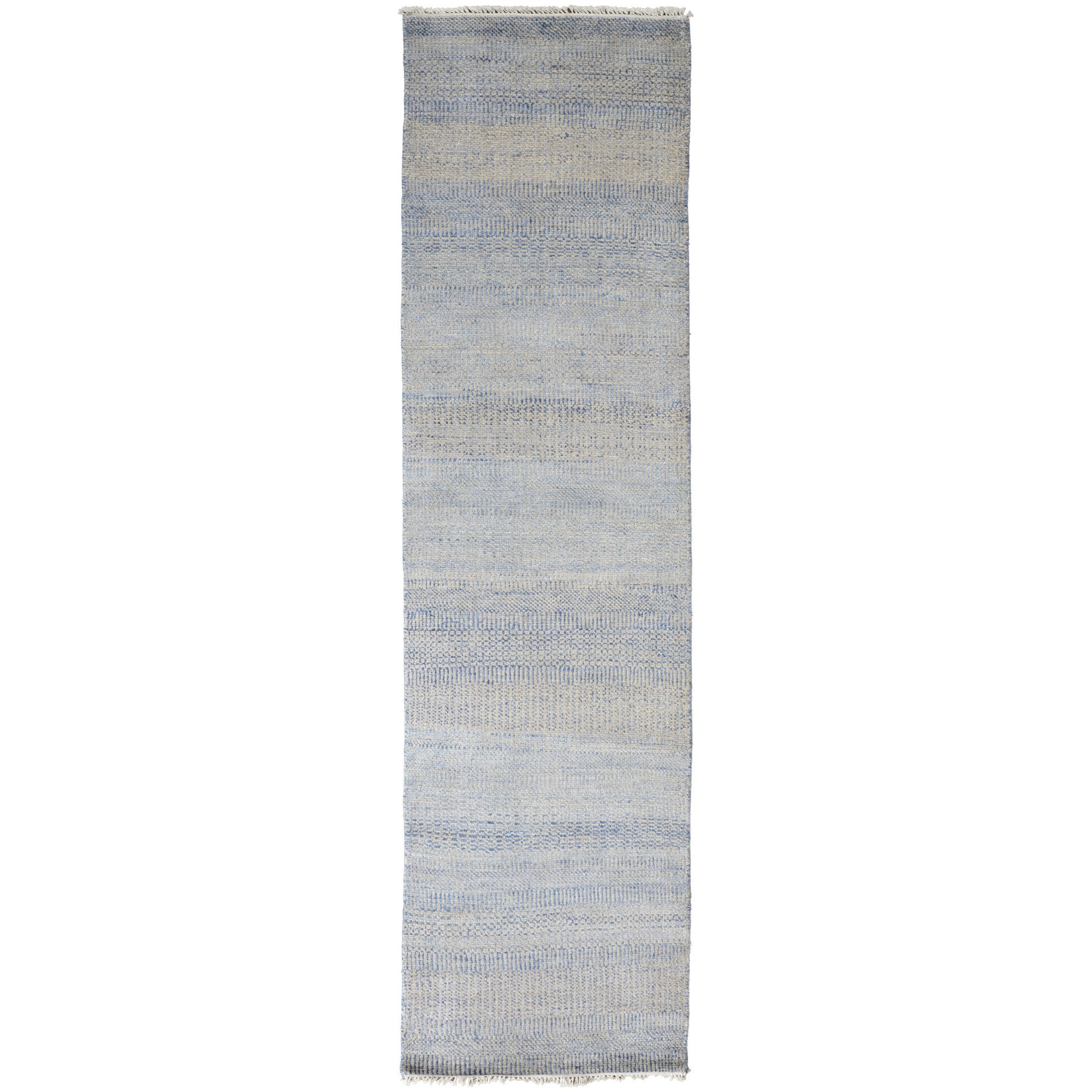 10' Blue and Silver Wool Striped Hand KNotted Runner Rug