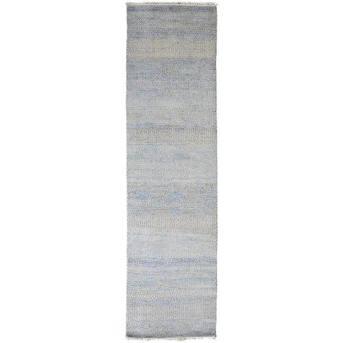 10' Blue and Silver Wool Striped Hand KNotted Runner Rug