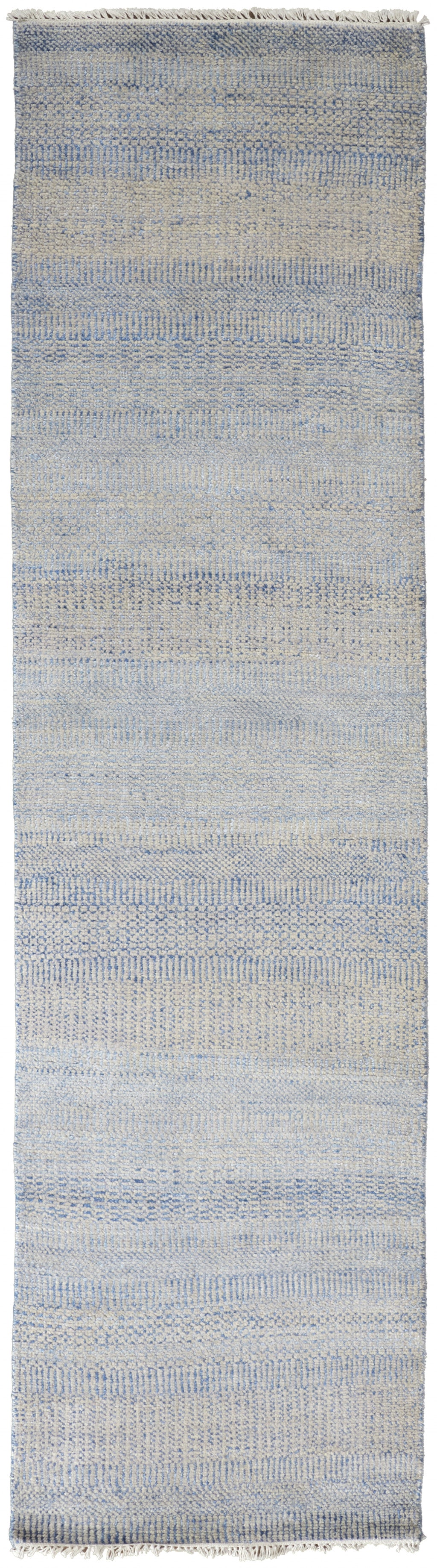 12' Blue And Silver Wool Striped Hand Knotted Runner Rug