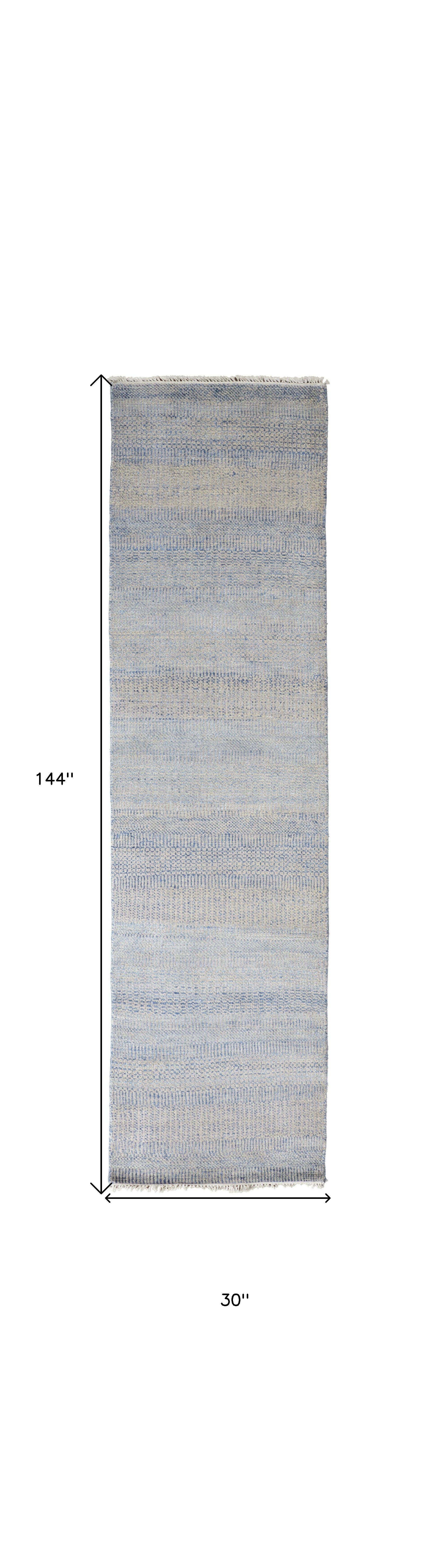 12' Blue And Silver Wool Striped Hand Knotted Runner Rug