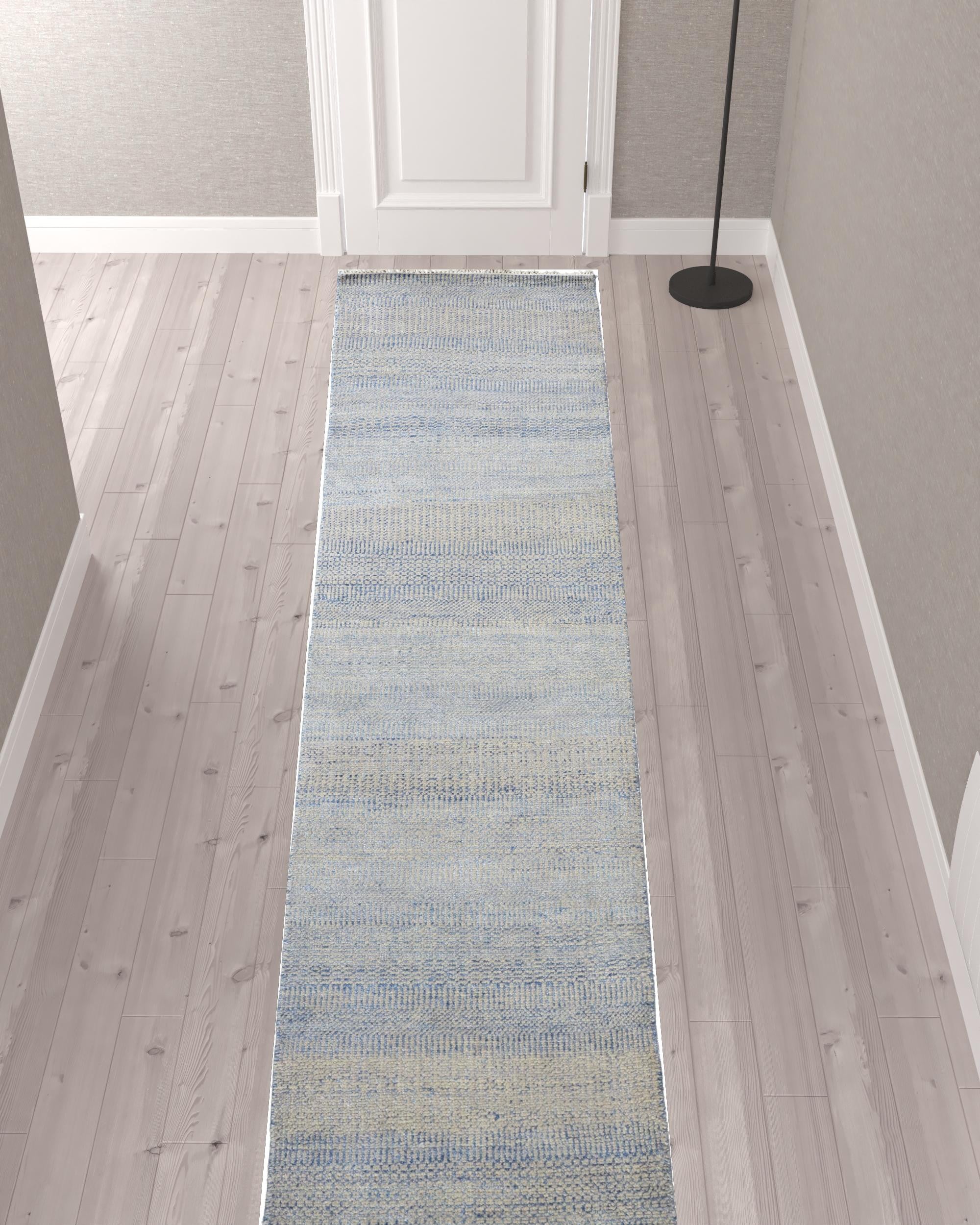 12' Blue And Silver Wool Striped Hand Knotted Runner Rug