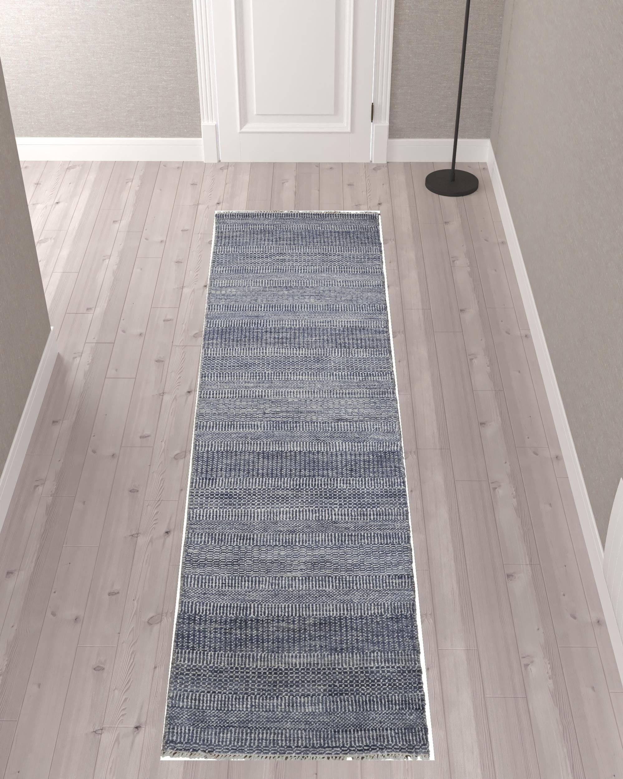 10' Blue And Gray Wool Striped Hand Knotted Runner Rug