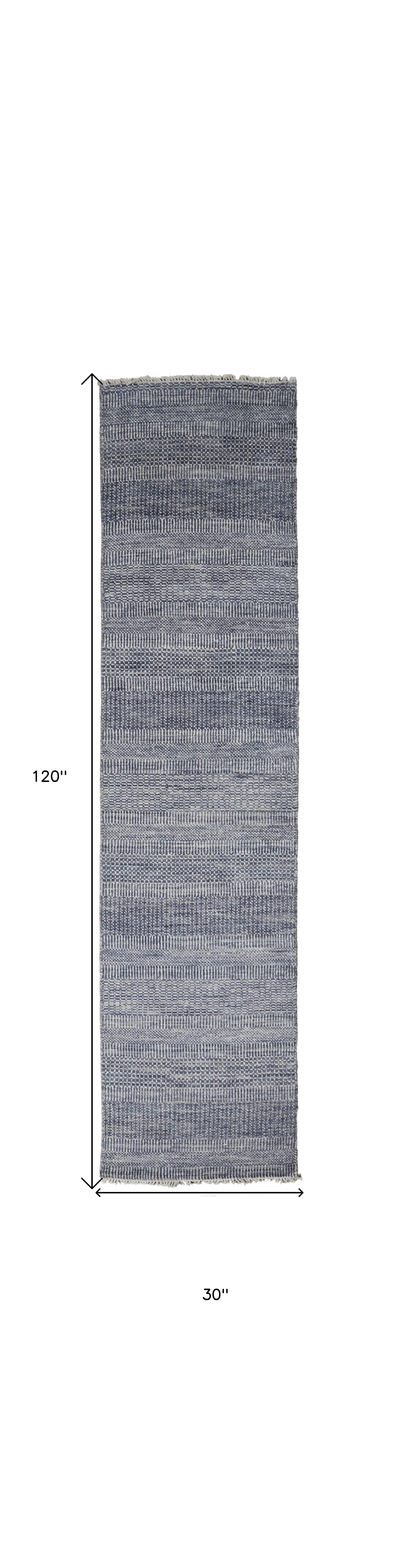 10' Blue And Gray Wool Striped Hand Knotted Runner Rug