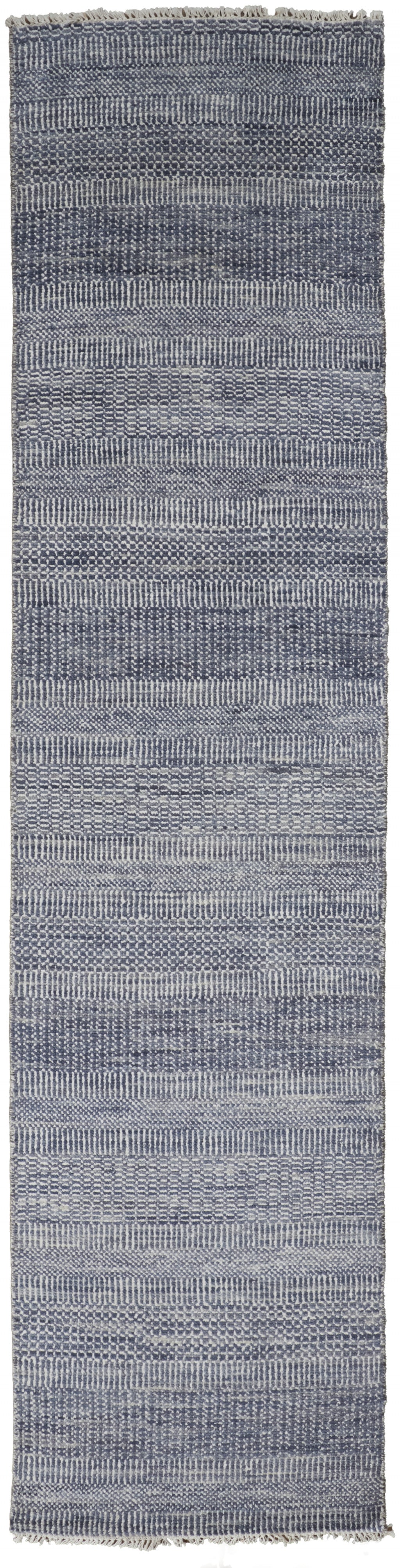 12' Blue And Gray Wool Striped Hand Knotted Runner Rug